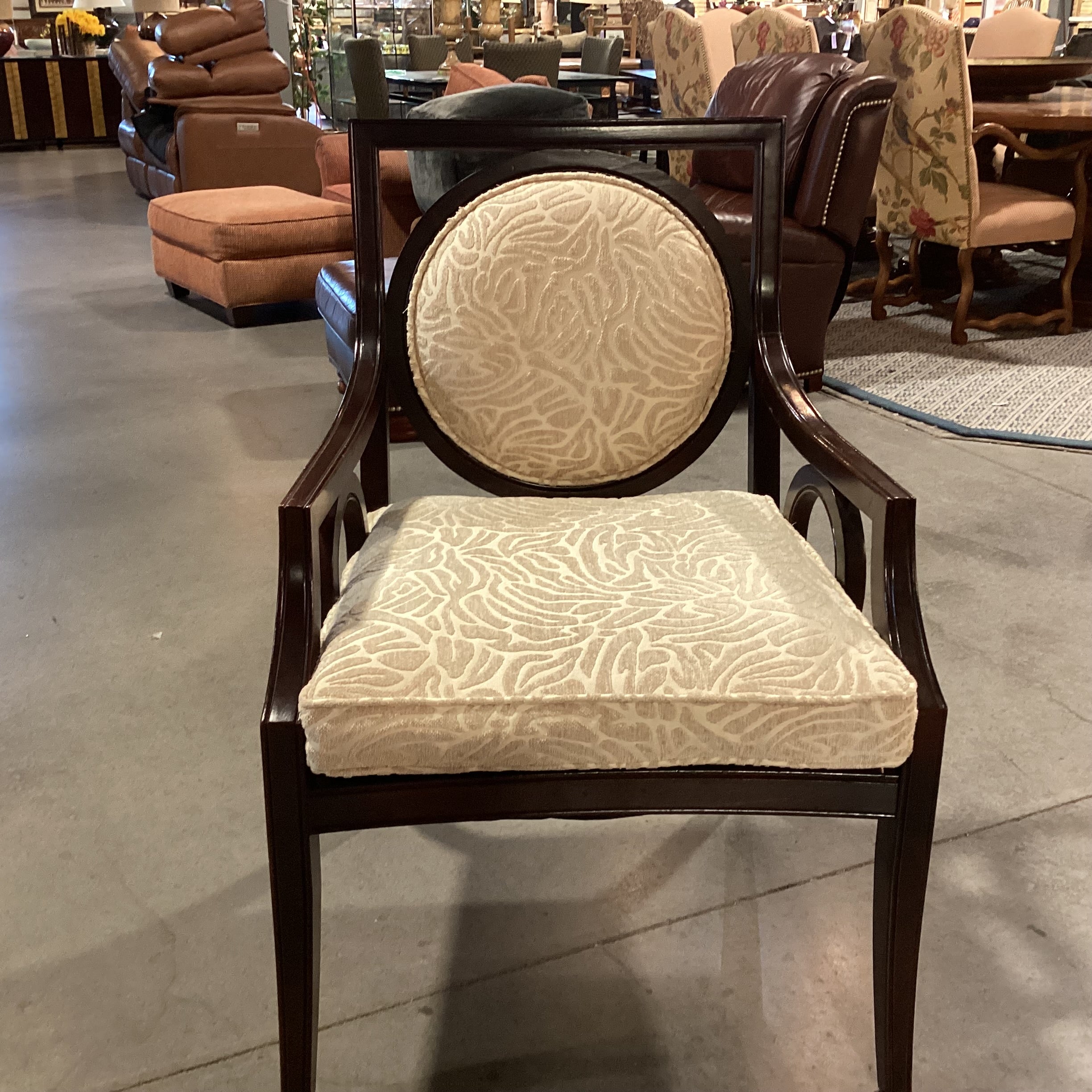 Custom Dark Finish Wood Circle Design with Cream & Raised Chenille Down Mix Chair 27"x 27"x 39"