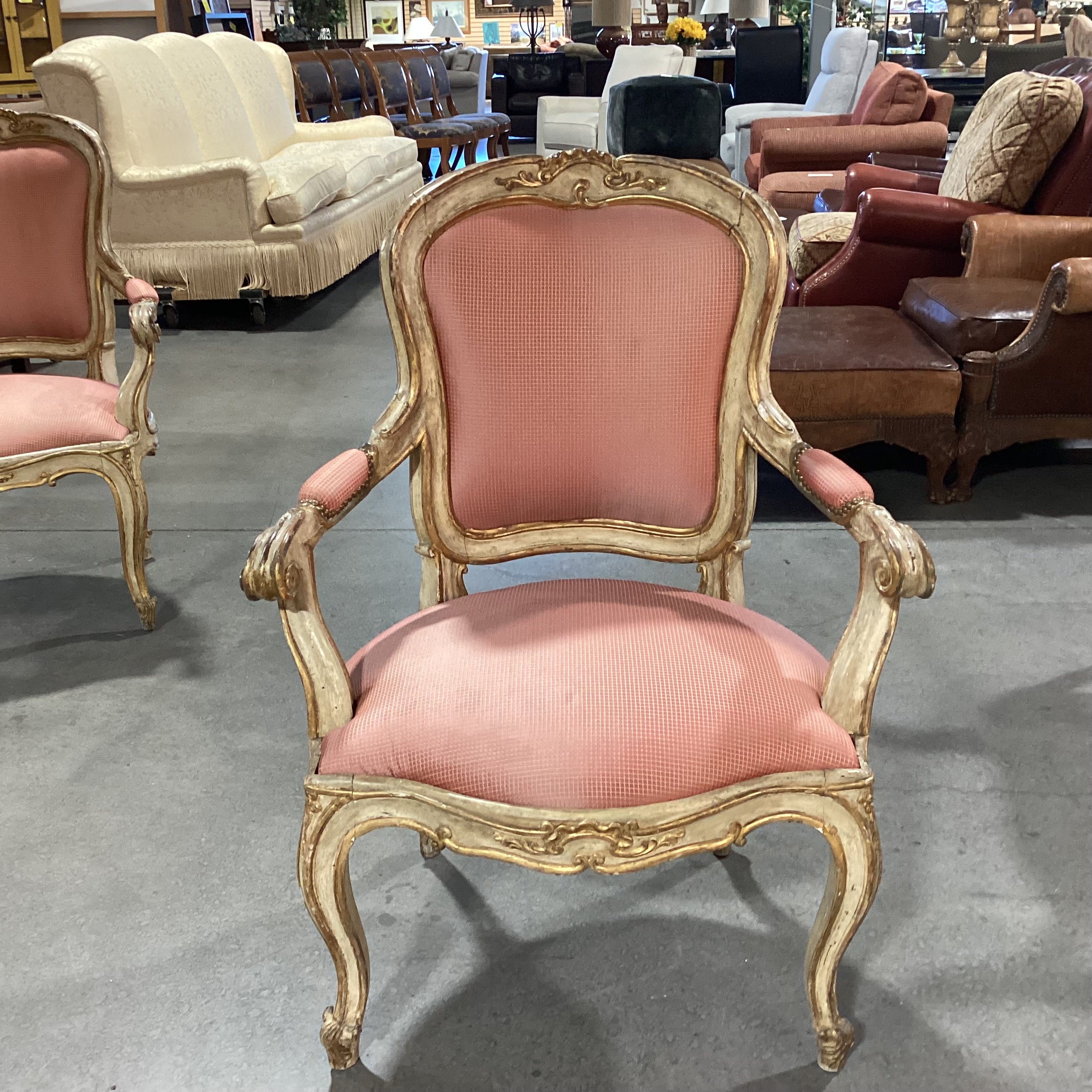 Antique French Provincial Ornate Carved Cream Gold Wood Orange Gold Upholstered Chair 31"x 26"x 41"