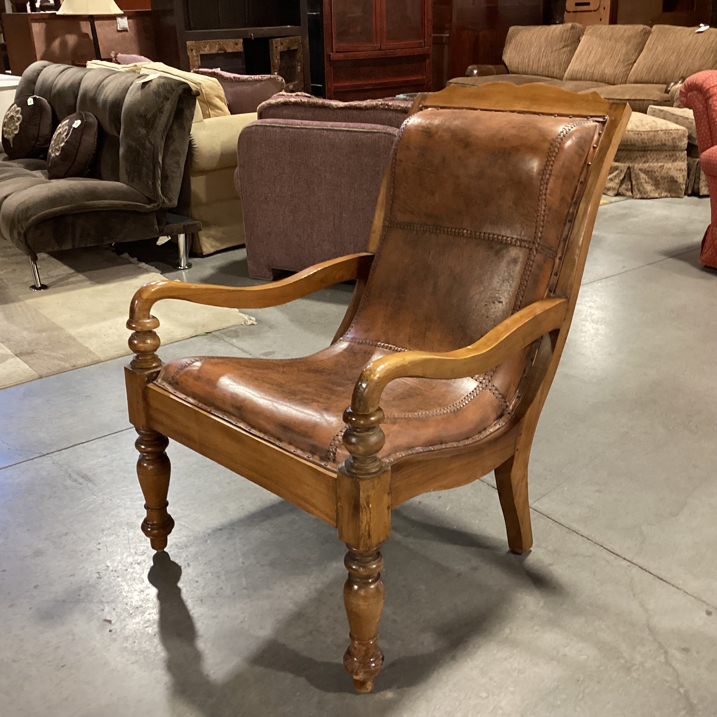 Carved Wood With Distressed Leather Nailhead Plantation Style Lounge Chair 29"x 34"x 39"