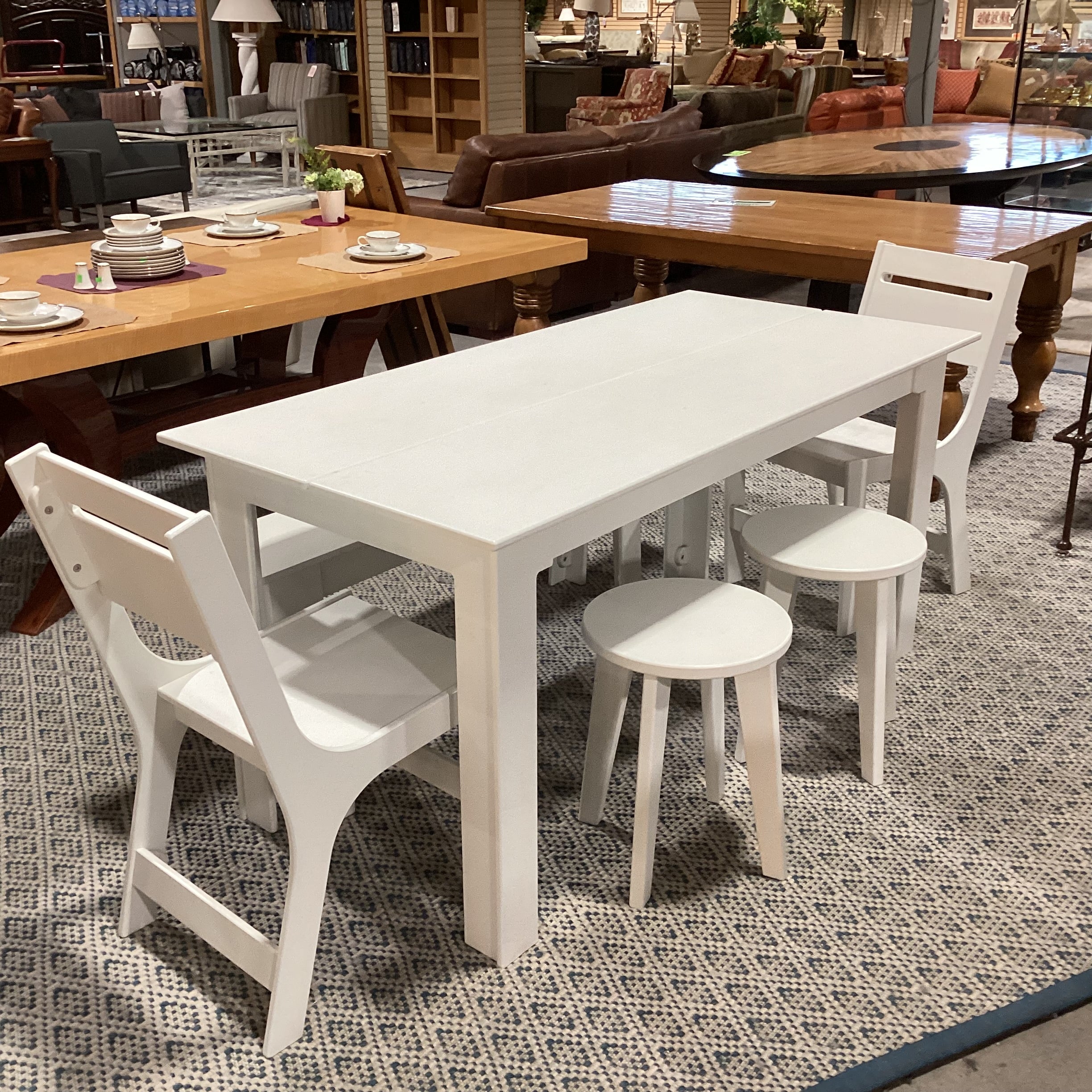 lOll White High Density Plastic Table with 2 Chairs 2 Stools 1 Bench Dining Set 62"x 30"x 30"