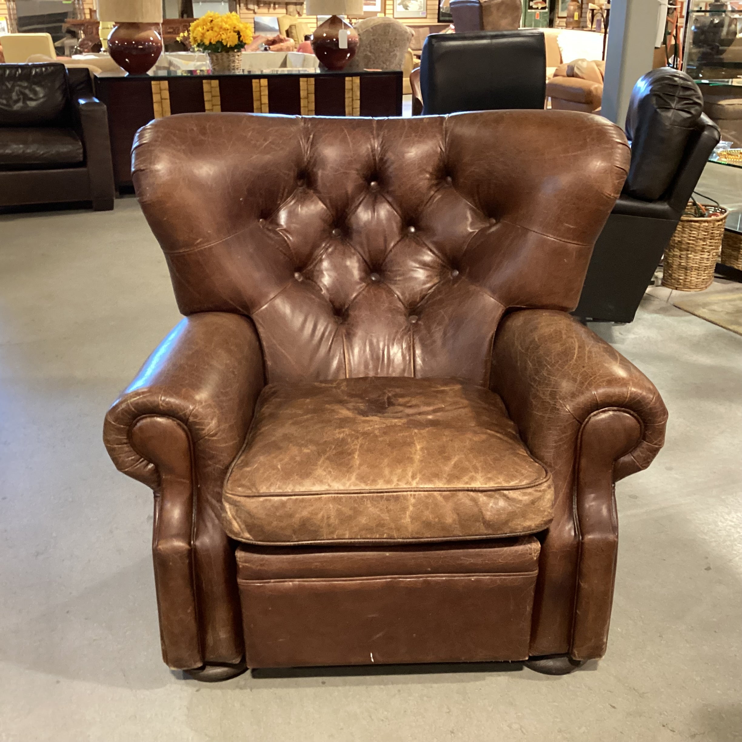 Restoration Hardware Distressed Leather Tufted Recliner Chair 42"x 42" to 64"x 38"