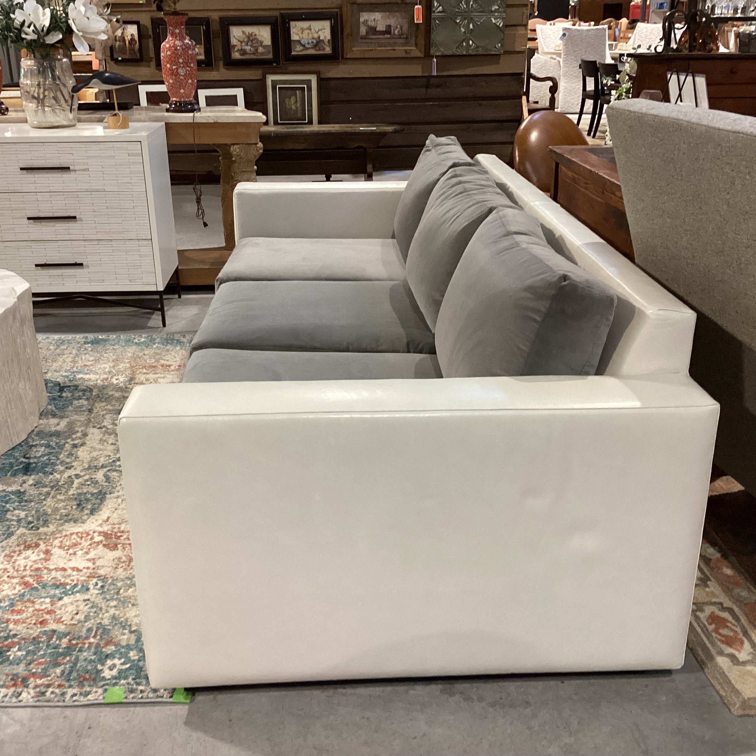 Custom Grey Velvet & Cream Leather Track Arm Down Mix Sofa 96"x 42"x 30"