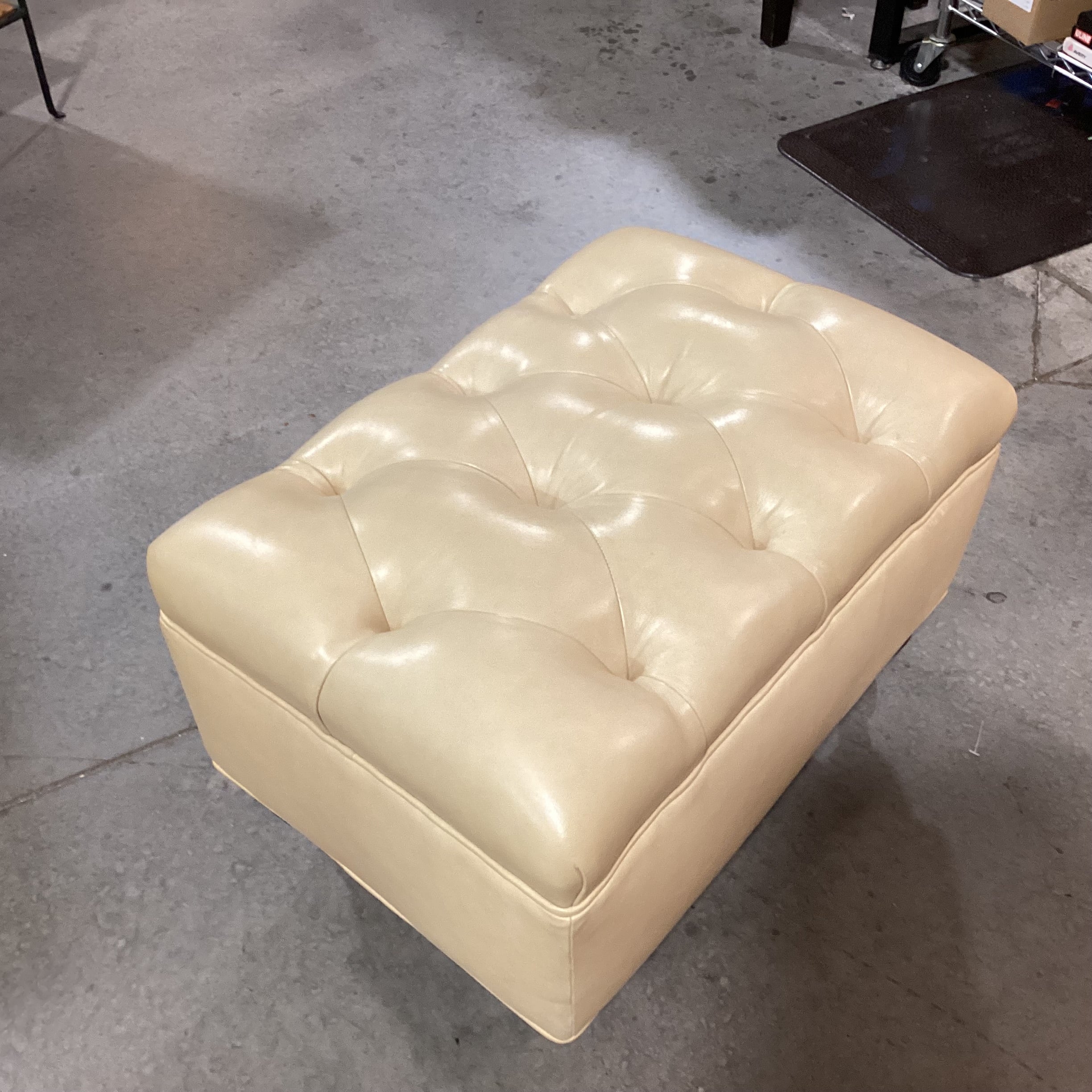 Blonde Leather Tufted Carved Wood & Caster Feet Ottoman 25"x 18"x 17"