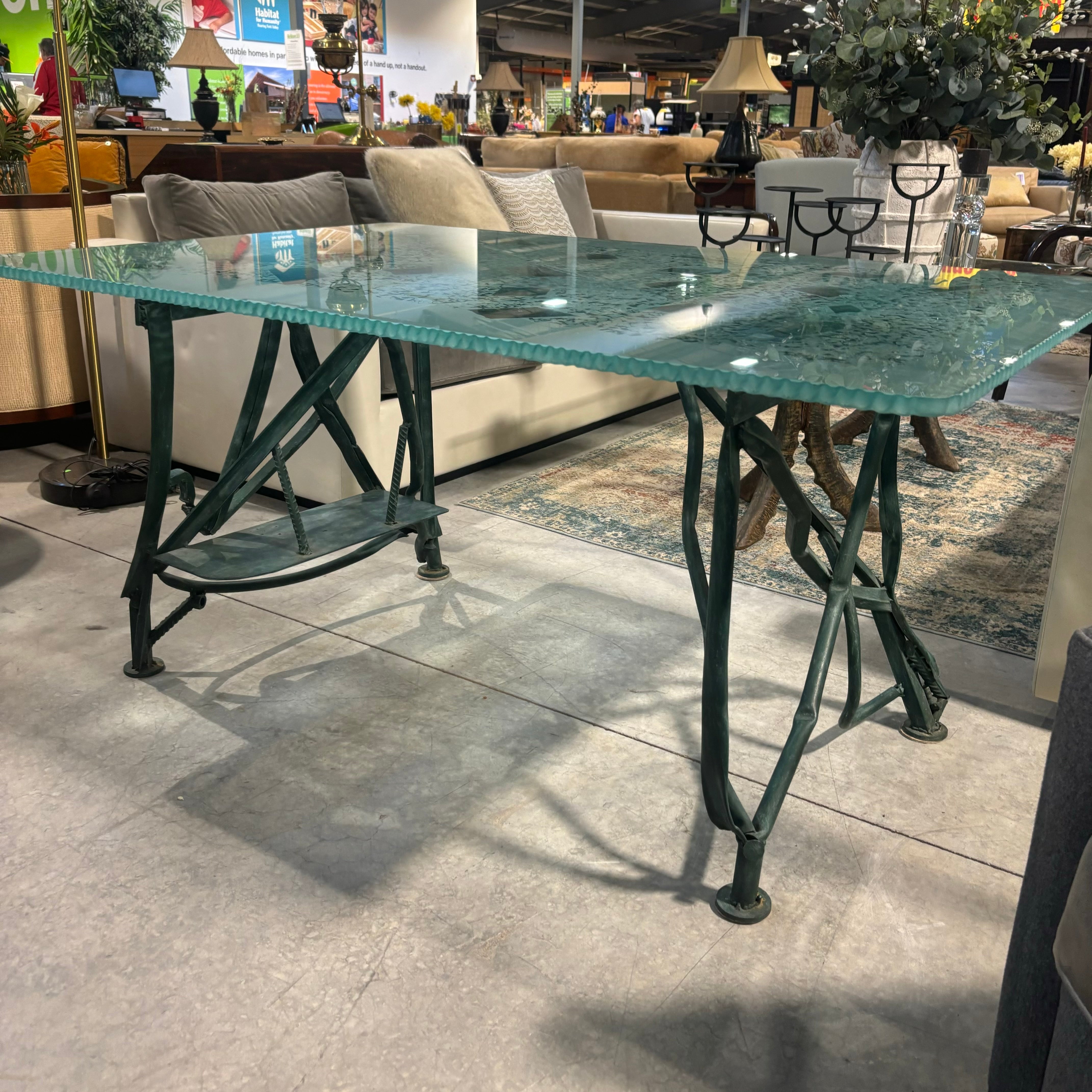 Marco De Gueltzl Patina Ornate Steel Base with Frosted Engraved Top Desk  60"x 40"x  30.5"