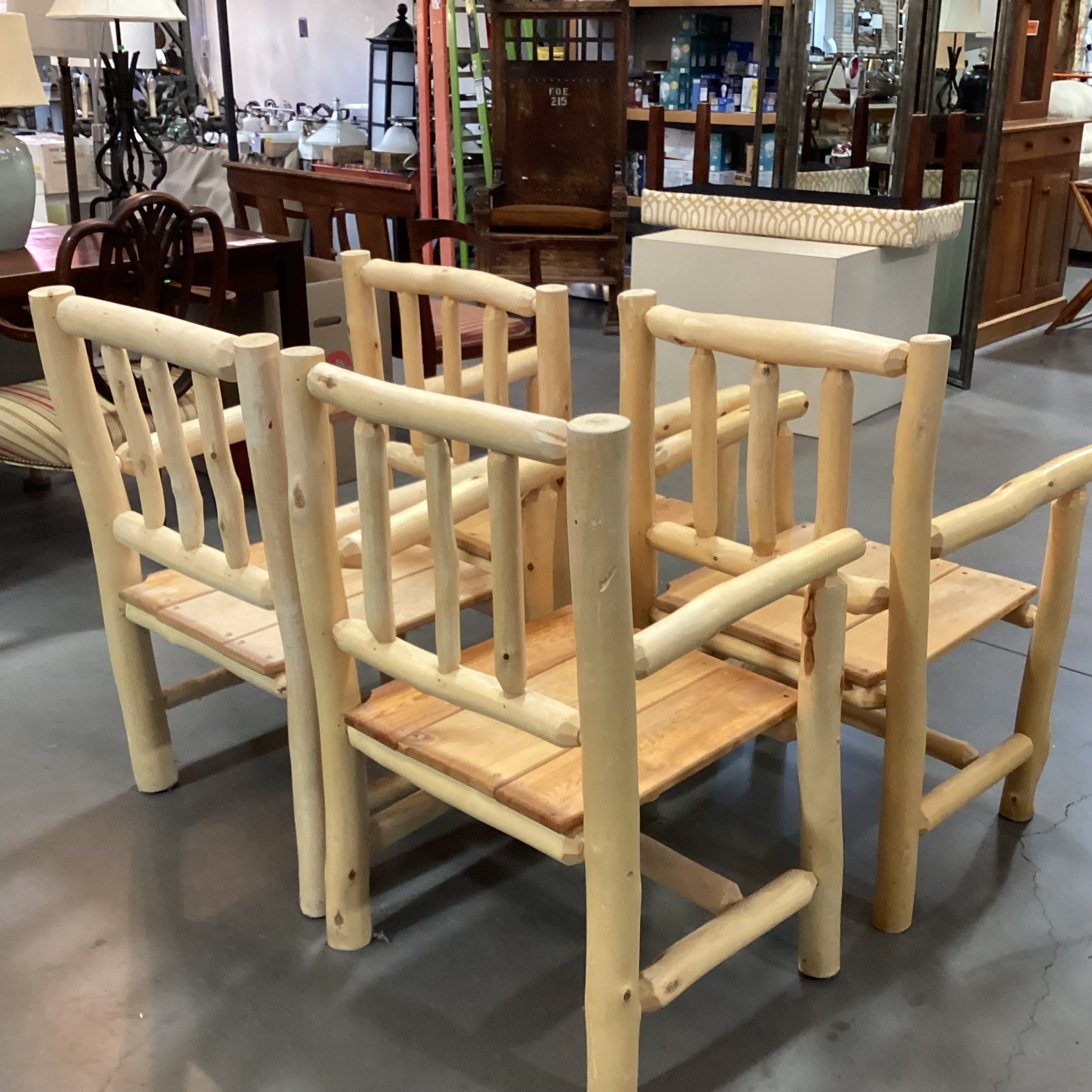 SET of 4 Natural Peeled Log with Plank Seat Armed Dining Chairs 23"x 22"x 36"