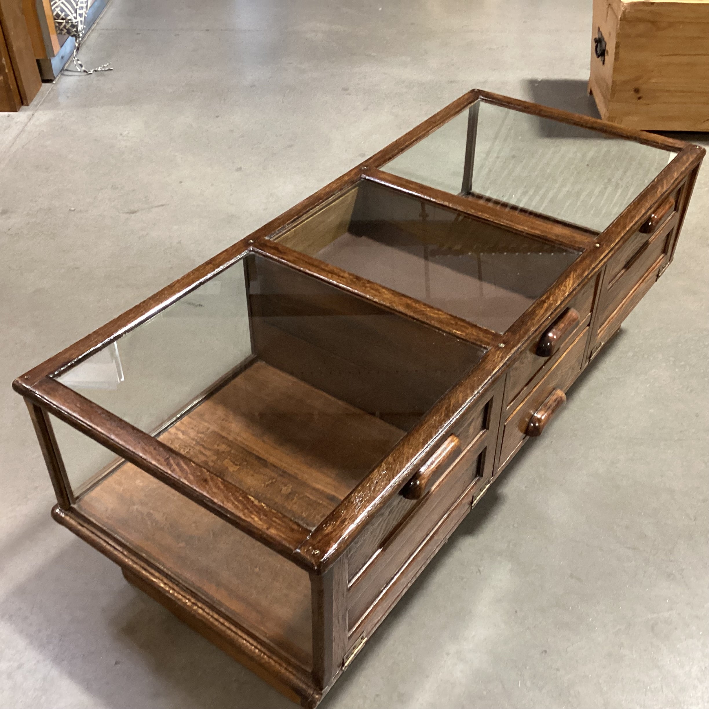 Vintage Distressed Finish Wood & Glass 2 Drawer 2 Fold Down Doors Display Coffee Table 52.5"x 22.5"x 19"