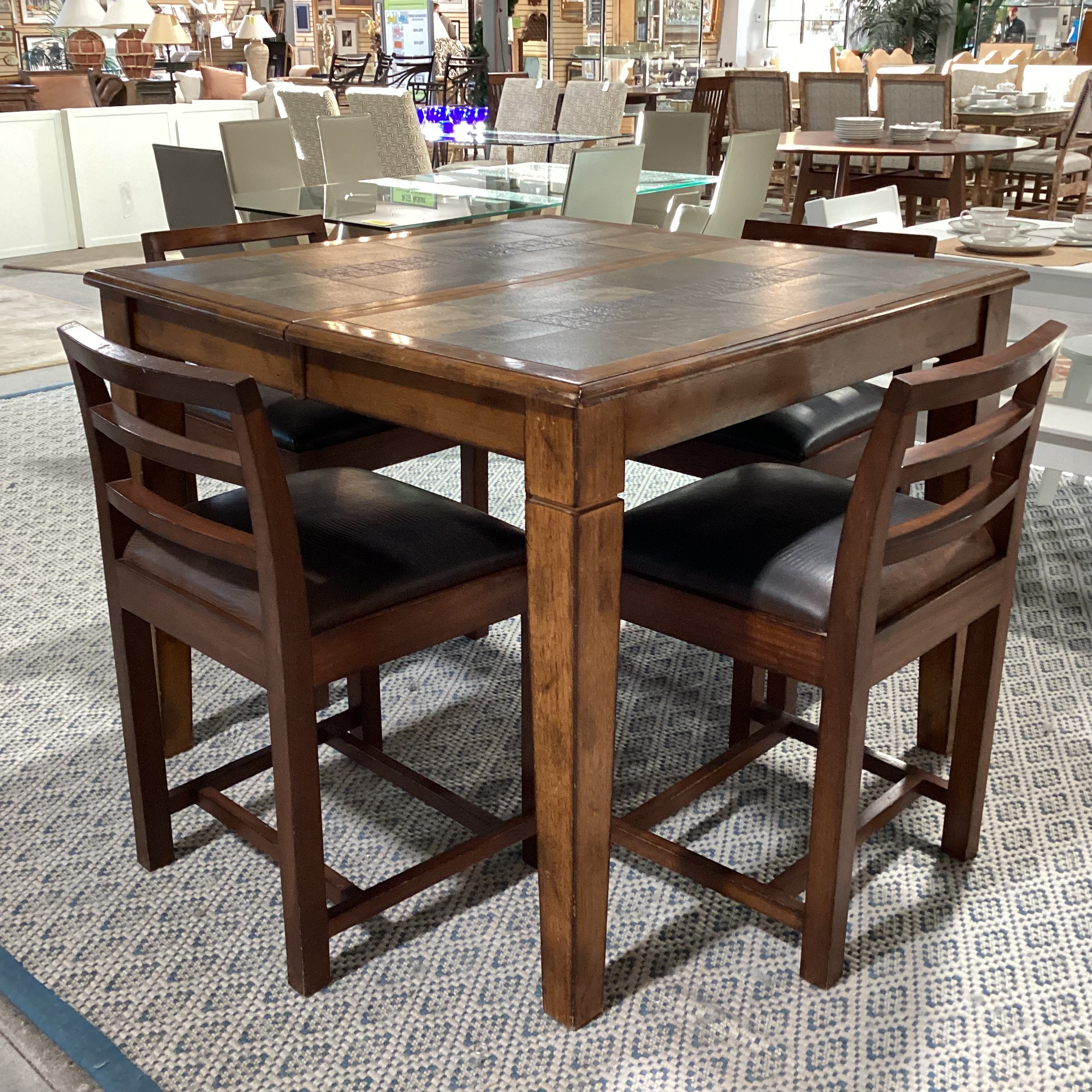 Carved Wood & Slate Stone Tile with Center Butterfly Leaf Table with 4 Wood & Croc Style Faux Leather Barstools Dining Set 44.5" to 62.5"x 44.5"x 35.5"