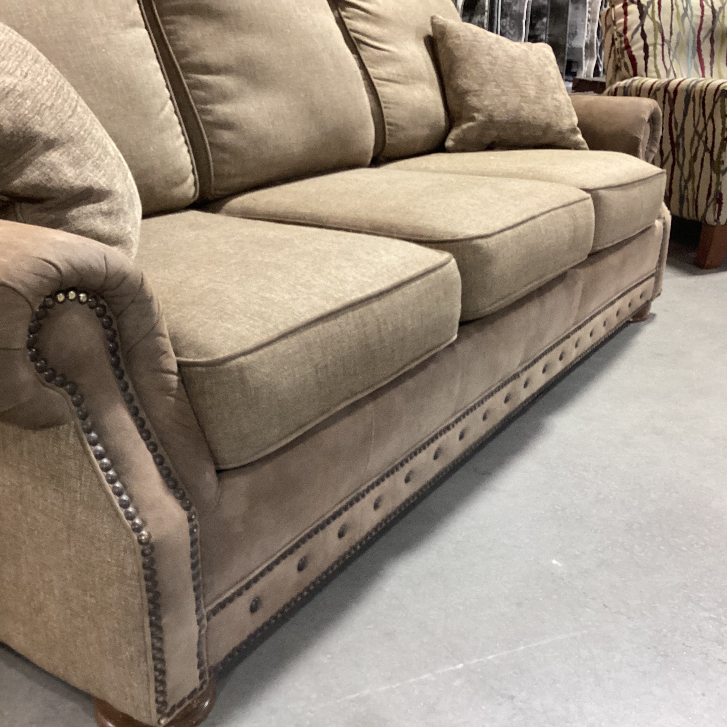 Mayo Furniture Brown Ultra Suede  Nailhead & Upholstery Sofa