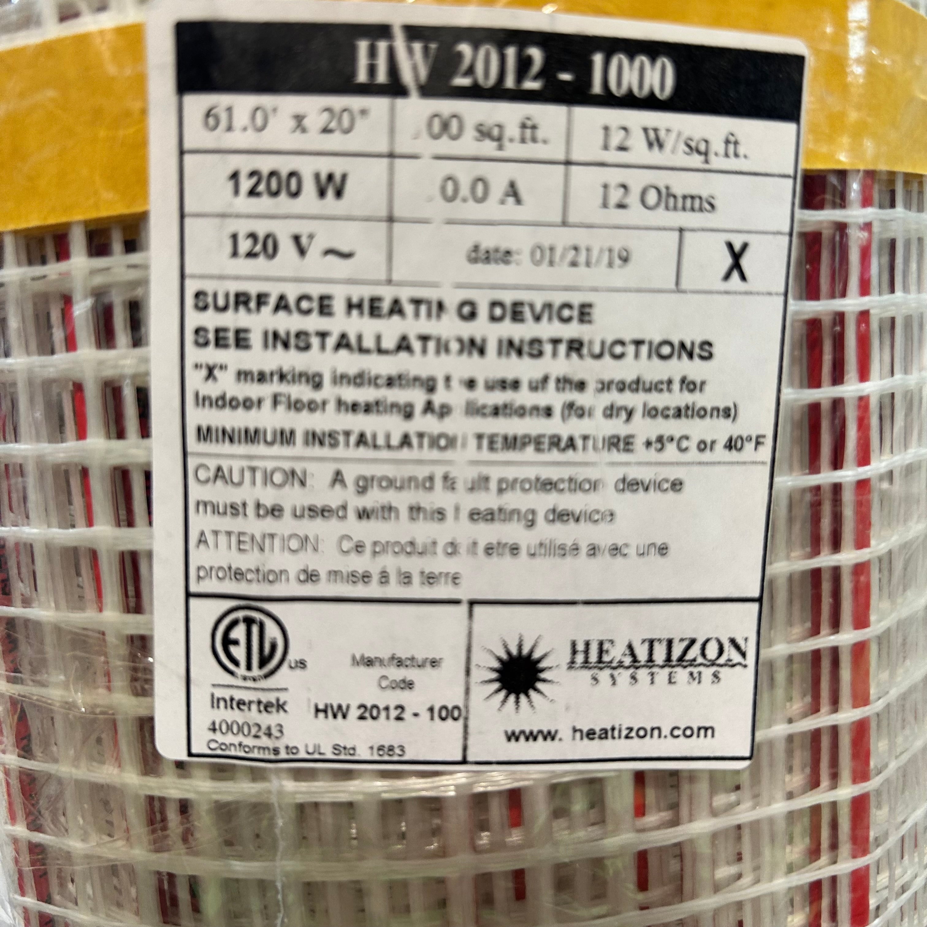 Heatizon Floor Heat  System 61'x 20' 100sq