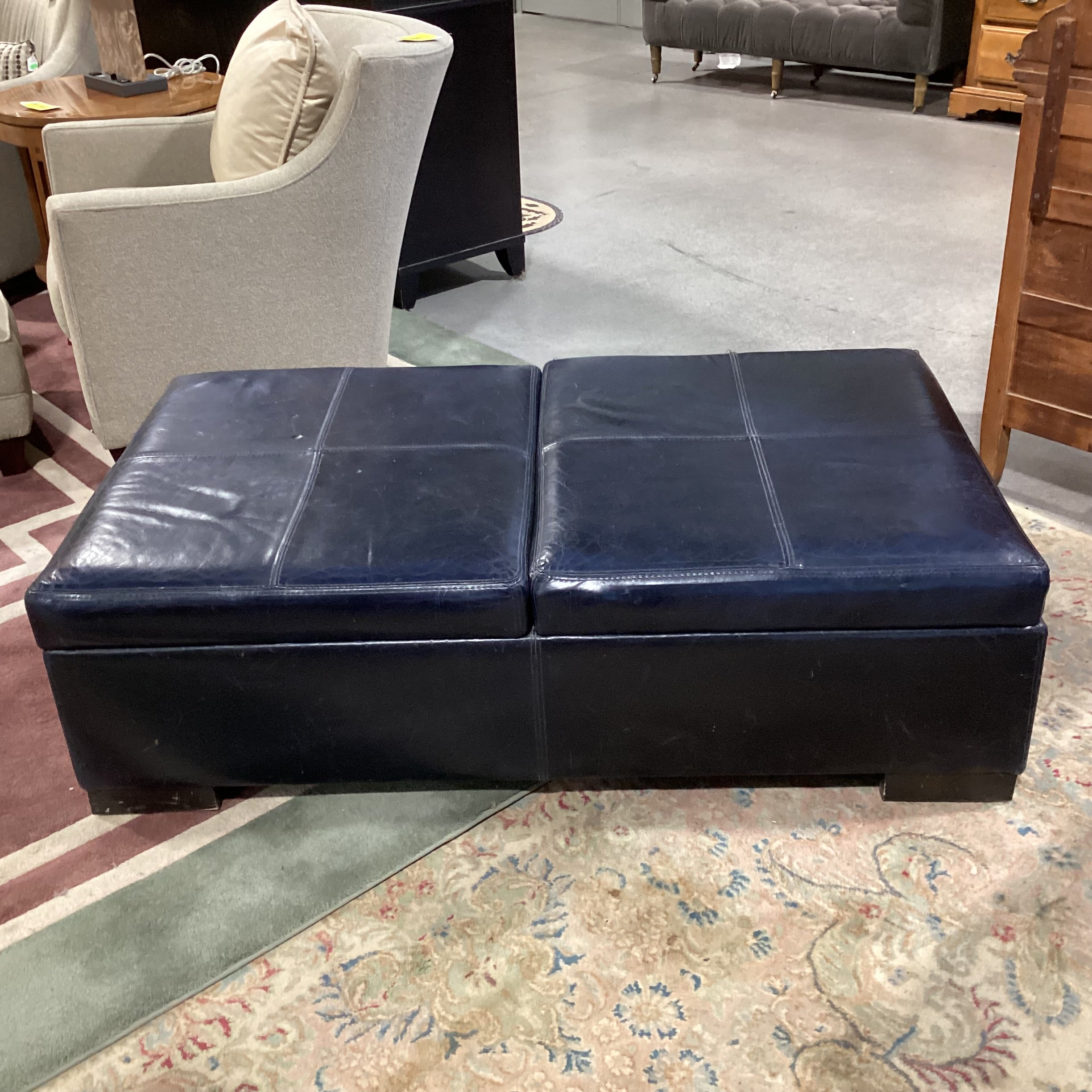 Navy Leather with Storage Bench Ottoman 52.5"x 30"x 16"