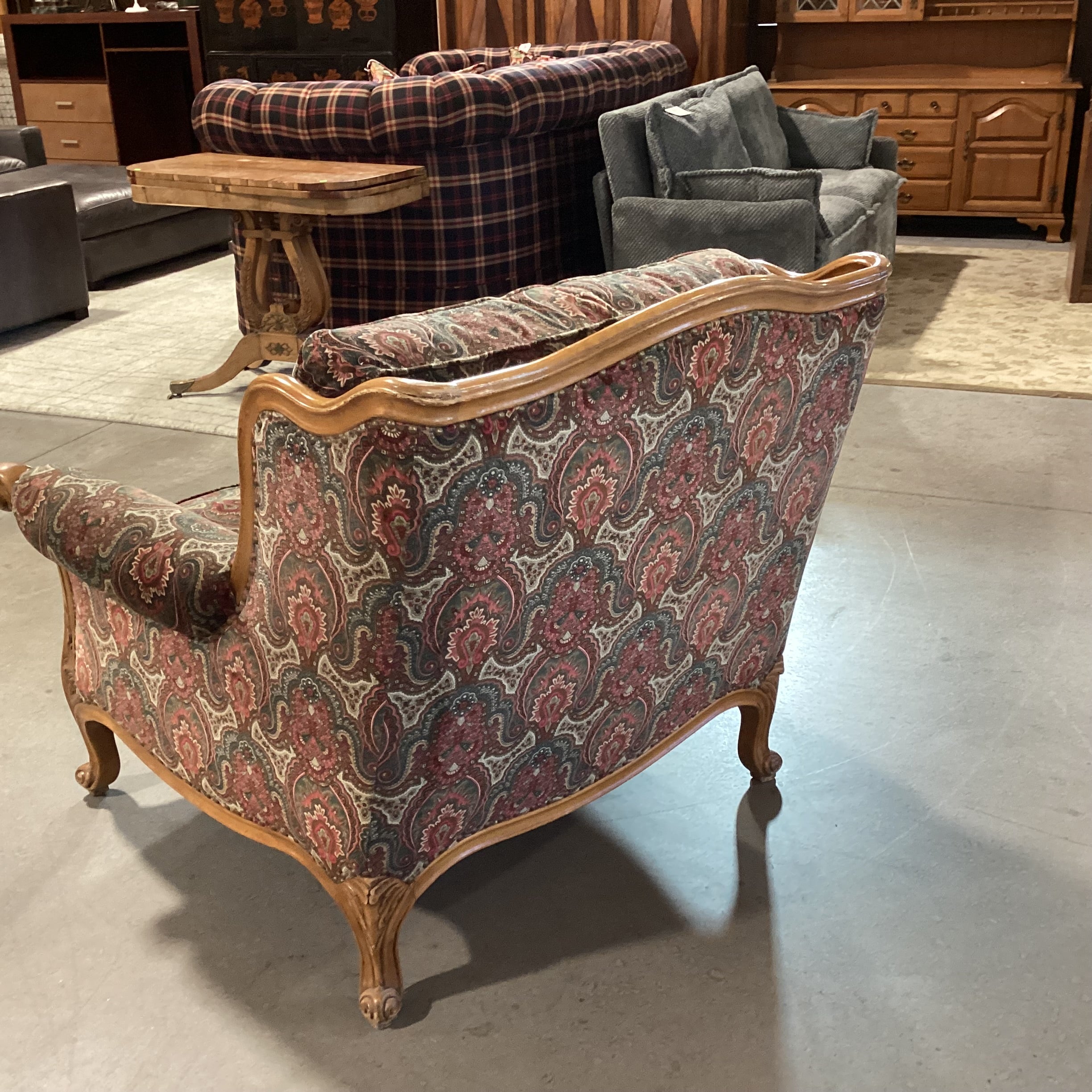 Vintage Ralph Lauren Red Green Paisley Velvet Nailhead & Carved Wood Oversized Chair 42"x 42"x 38"