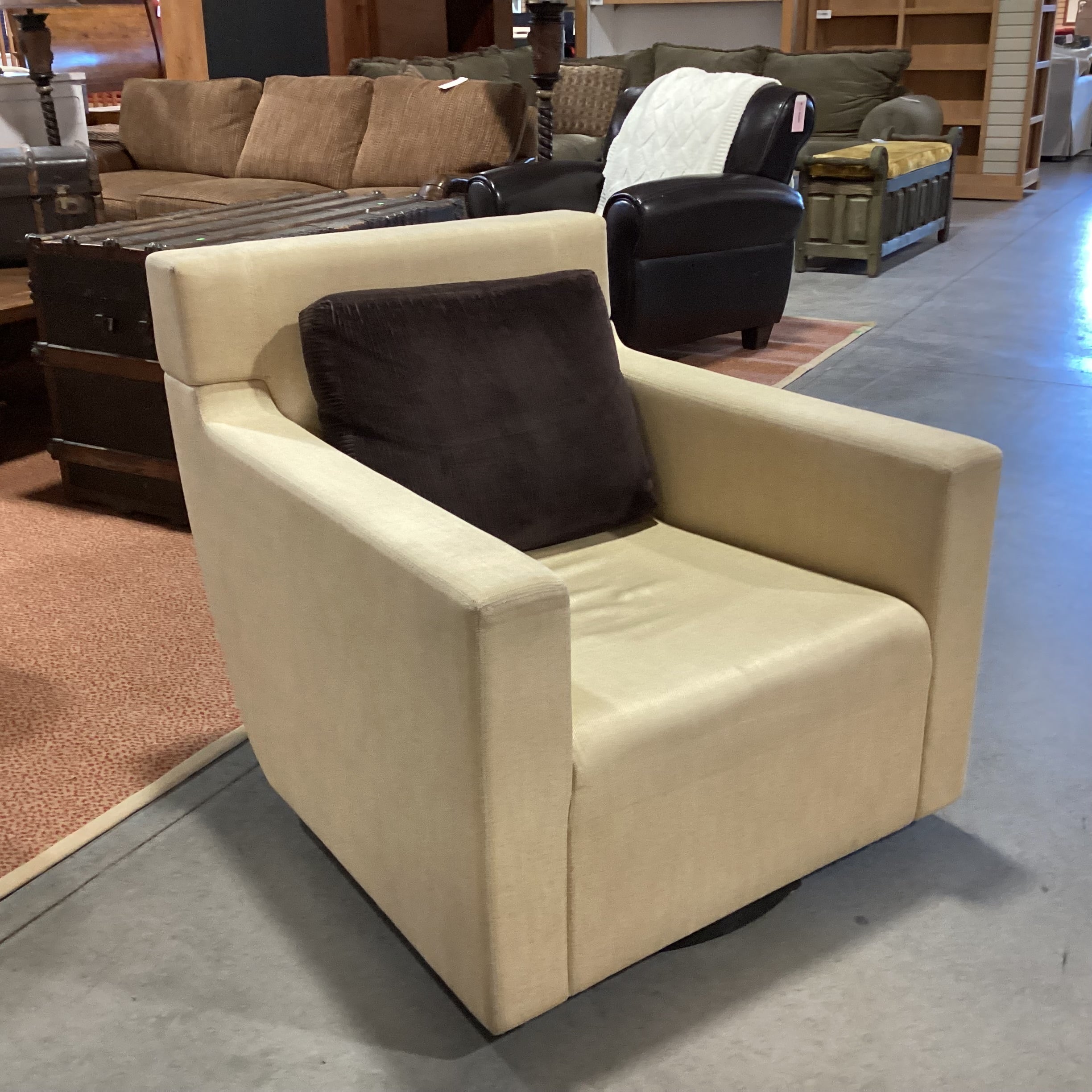 Custom Gold Woven Slope Arm Curved Back Swivel Chair 35"x 38"x 33"