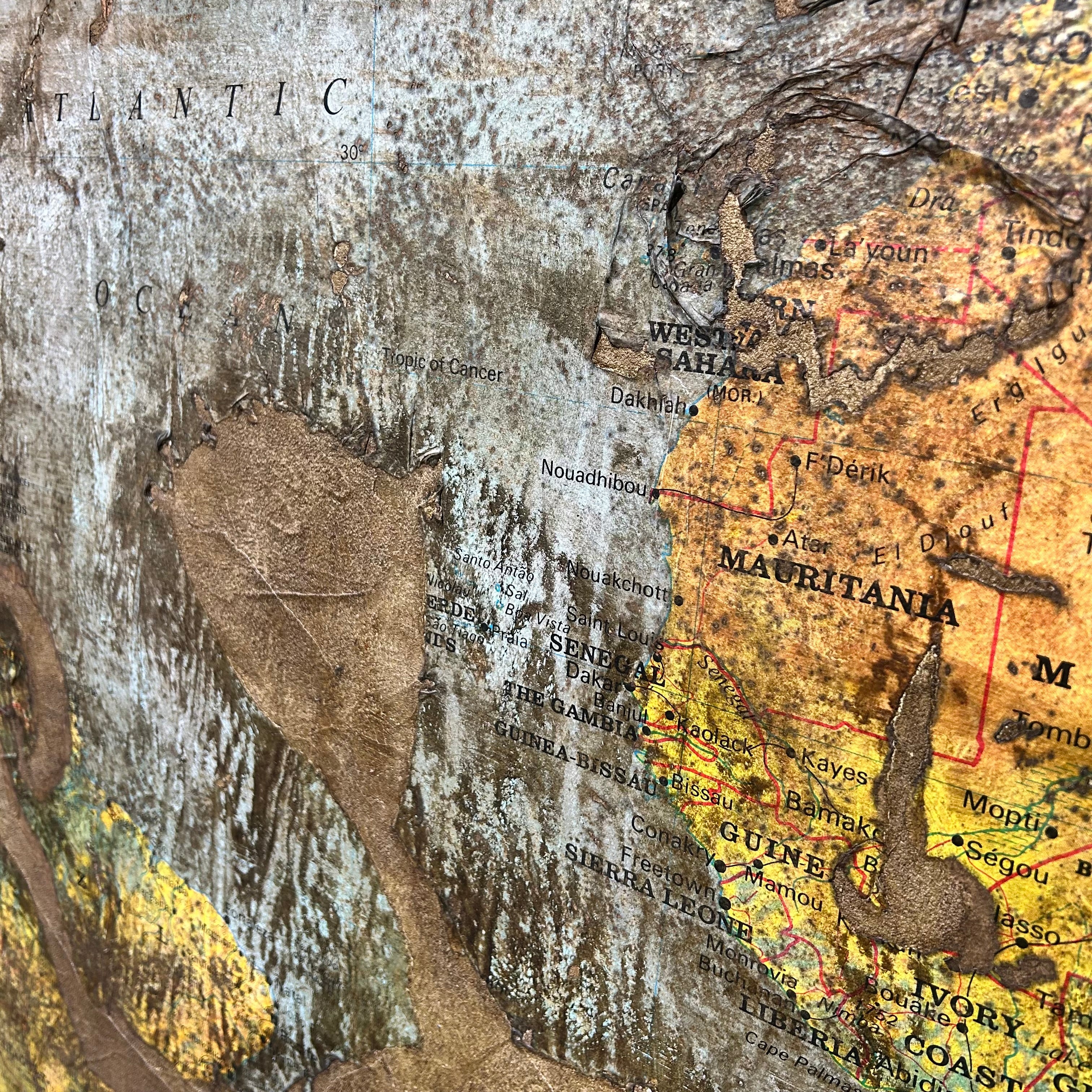 Artist Brisson mixed Media World Map "A Vol D"oiseau II"  47.5x 60.5"