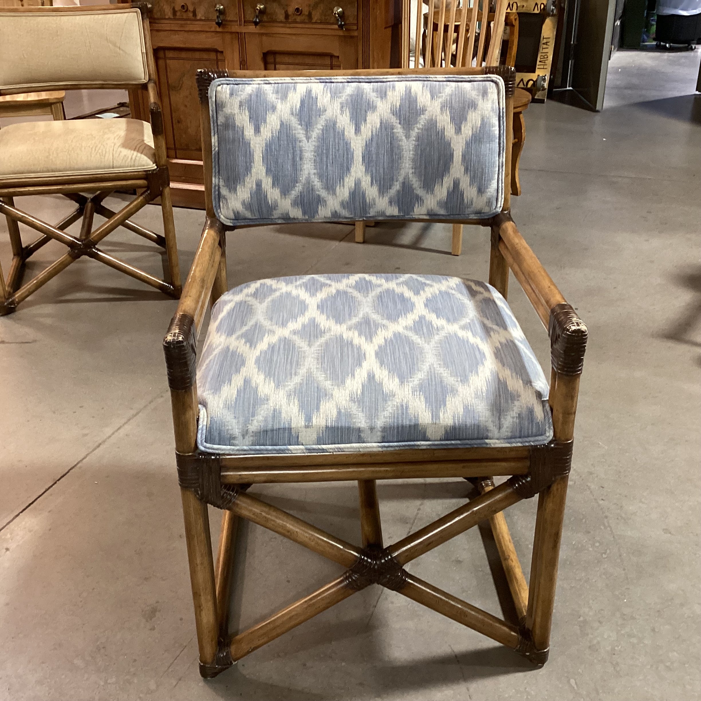 Vintage Bamboo Leather Strap Wrapped & Blue White Design Accent Chair 24"x 24"x 35"
