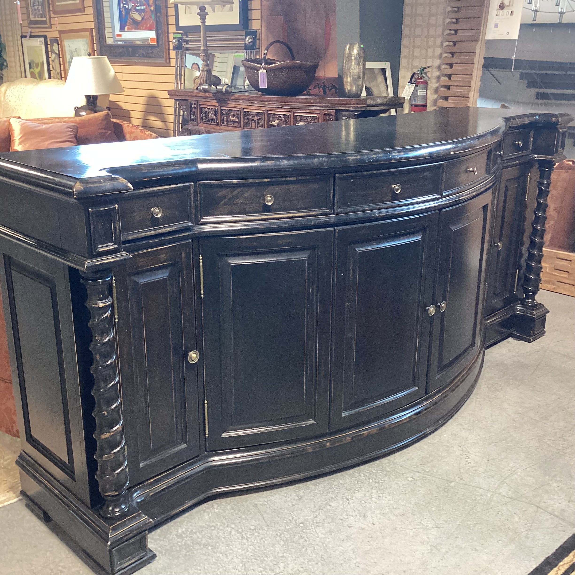 Antiqued Black Distressed Carved Wood 4 Door 6 Drawer Sideboard 96.5"x 27.5"x 42.5"