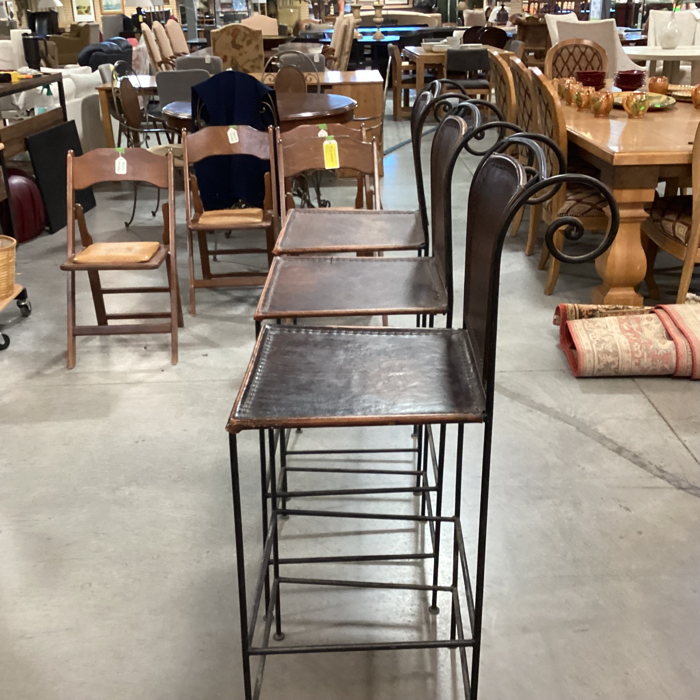 SET of 3 Iron & Distressed Leather Barstools 30.5"