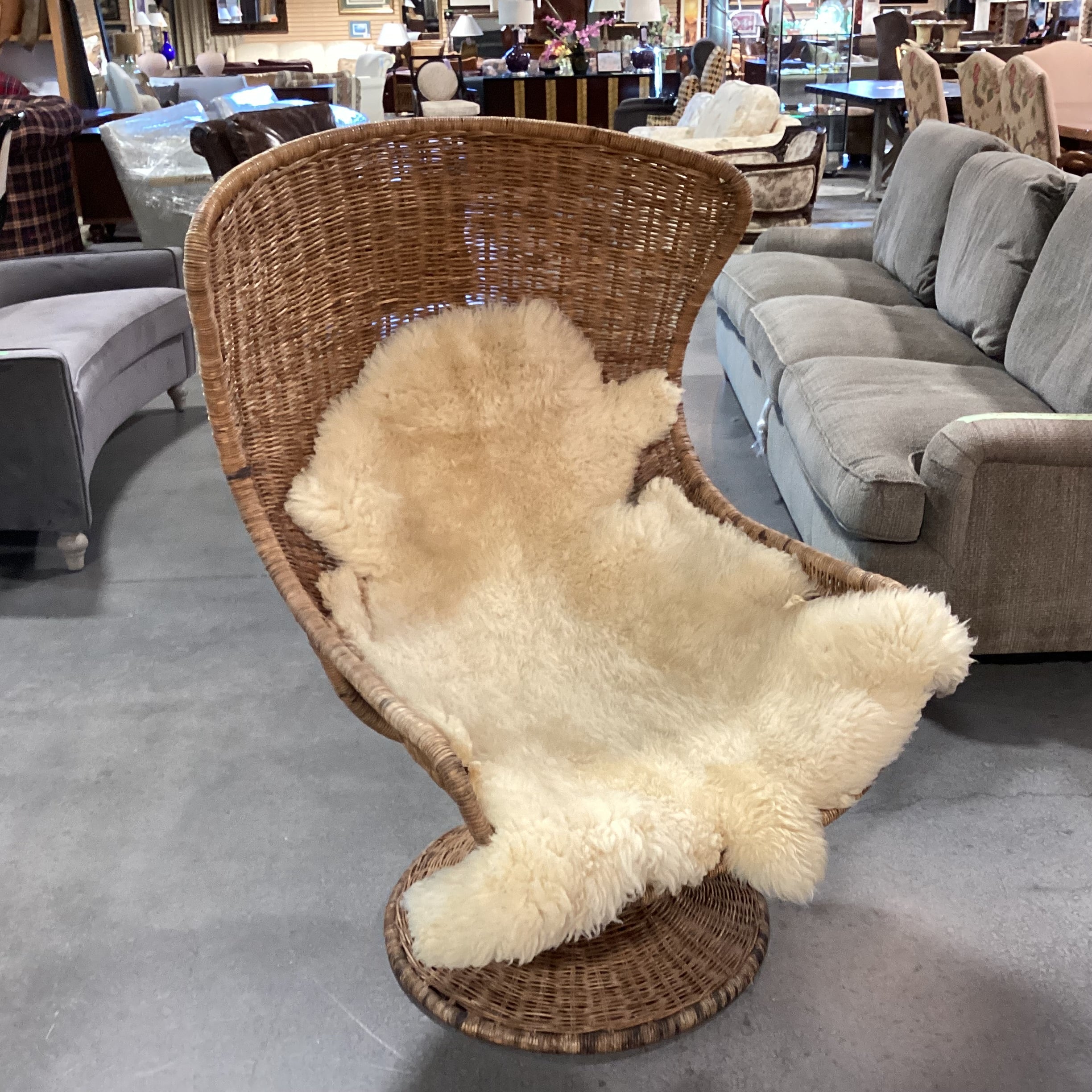 Vintage Wicker Swivel Rock with Sheepskin Chair 30"x 30"x 48"