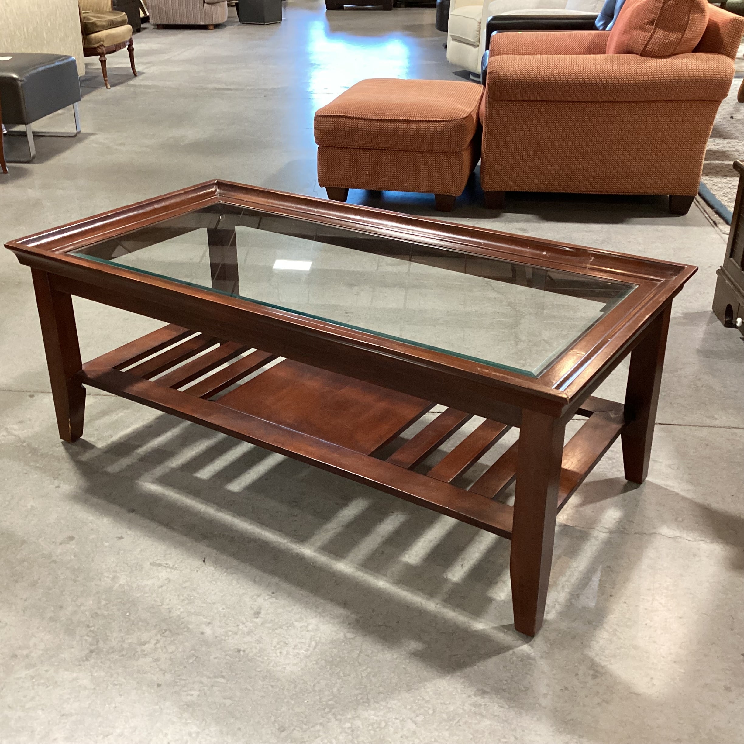 Dark Finished Wood with Slatted Bottom Shelf & Inset Glass Top Coffee Table 50"x 26"x 20"