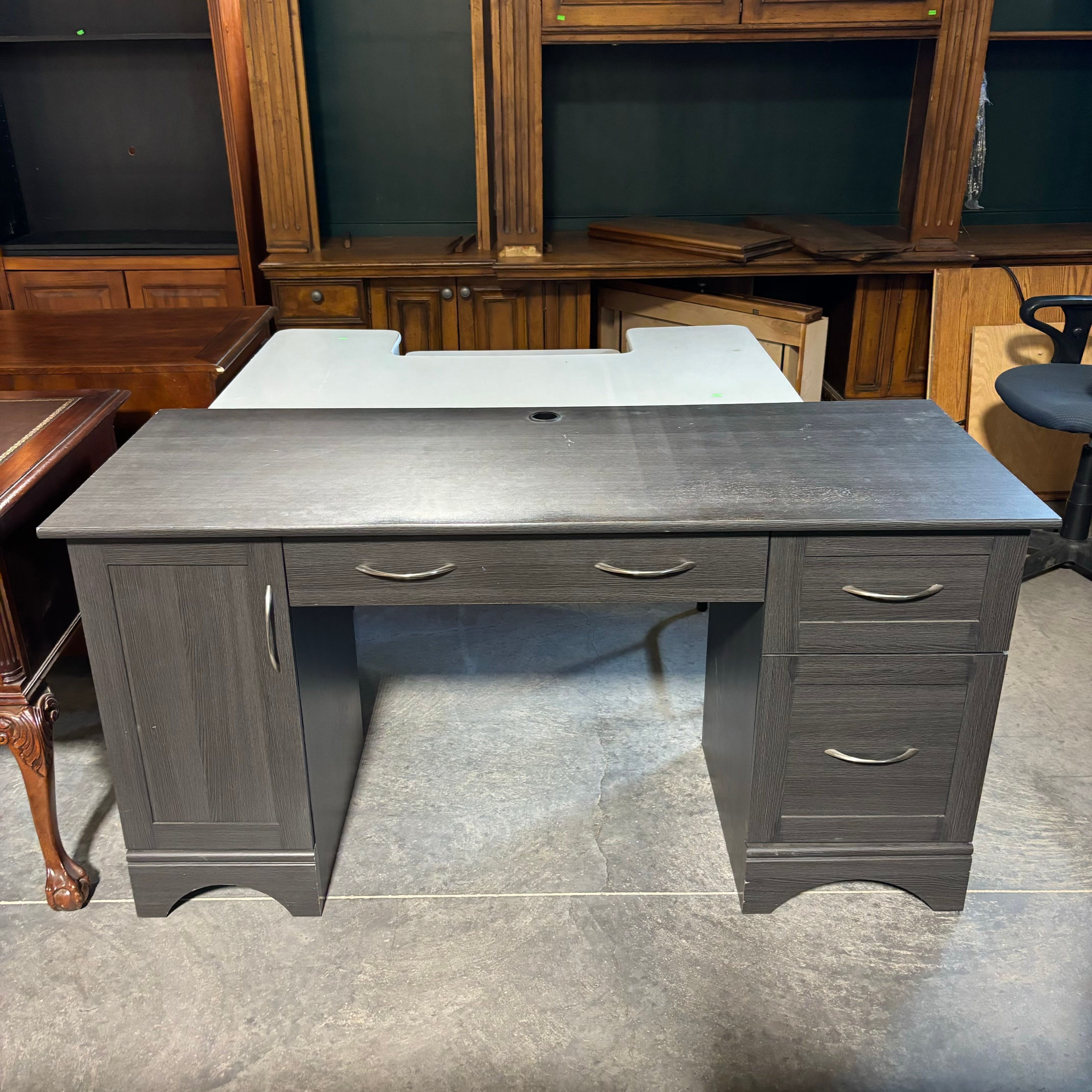 Dark Grey Veneer 3 Drawer 1 Door Desk 59.5"x 23.5"x 30"
