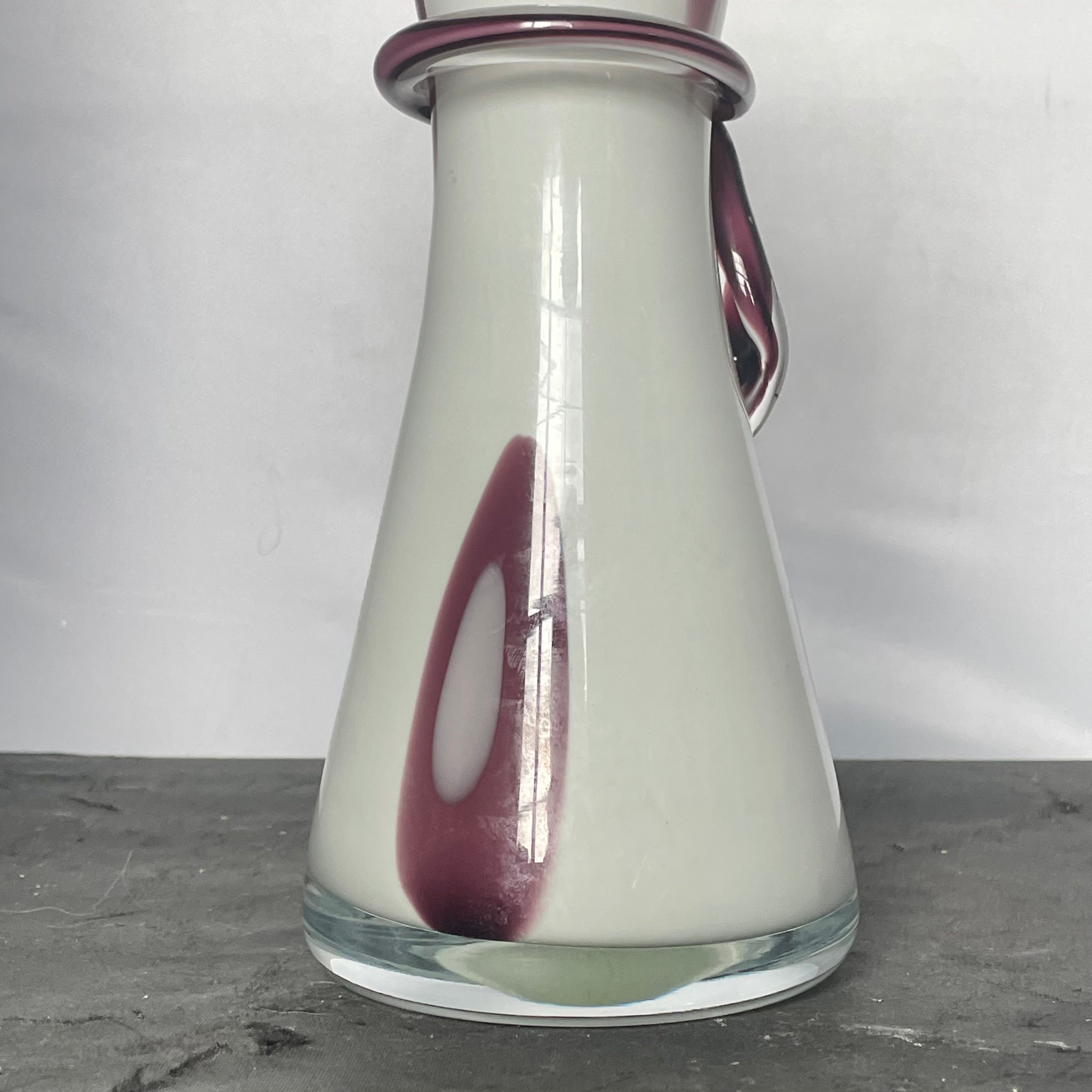 Murano Style Hand Blown White/Purple Bow Vase, 5"x 13"