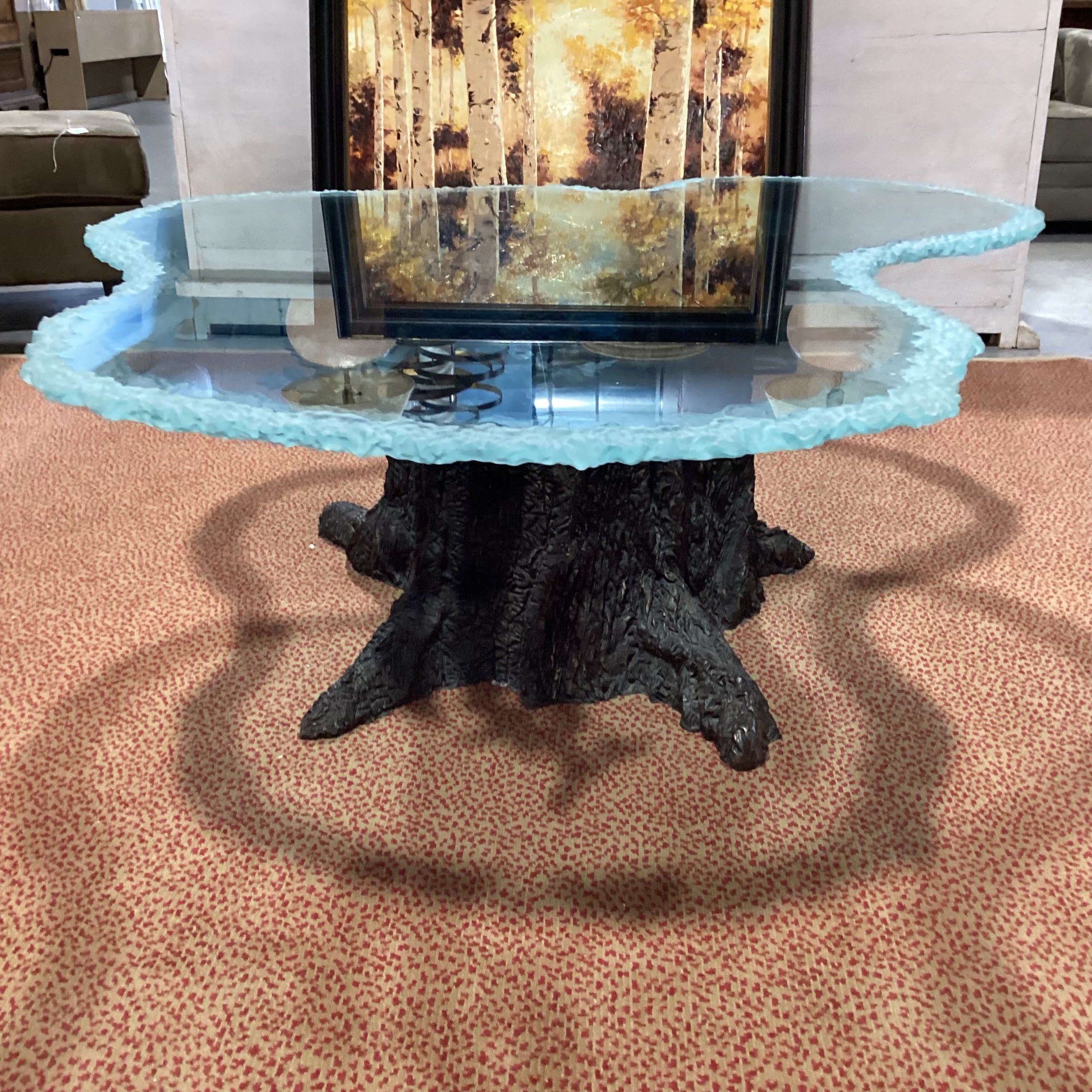 Kevin Clark Resin Cast & Iron Acorn Leaf Tree Trunk with Frosted Live Edge Glass Coffee Table 55"x 48"x20"
