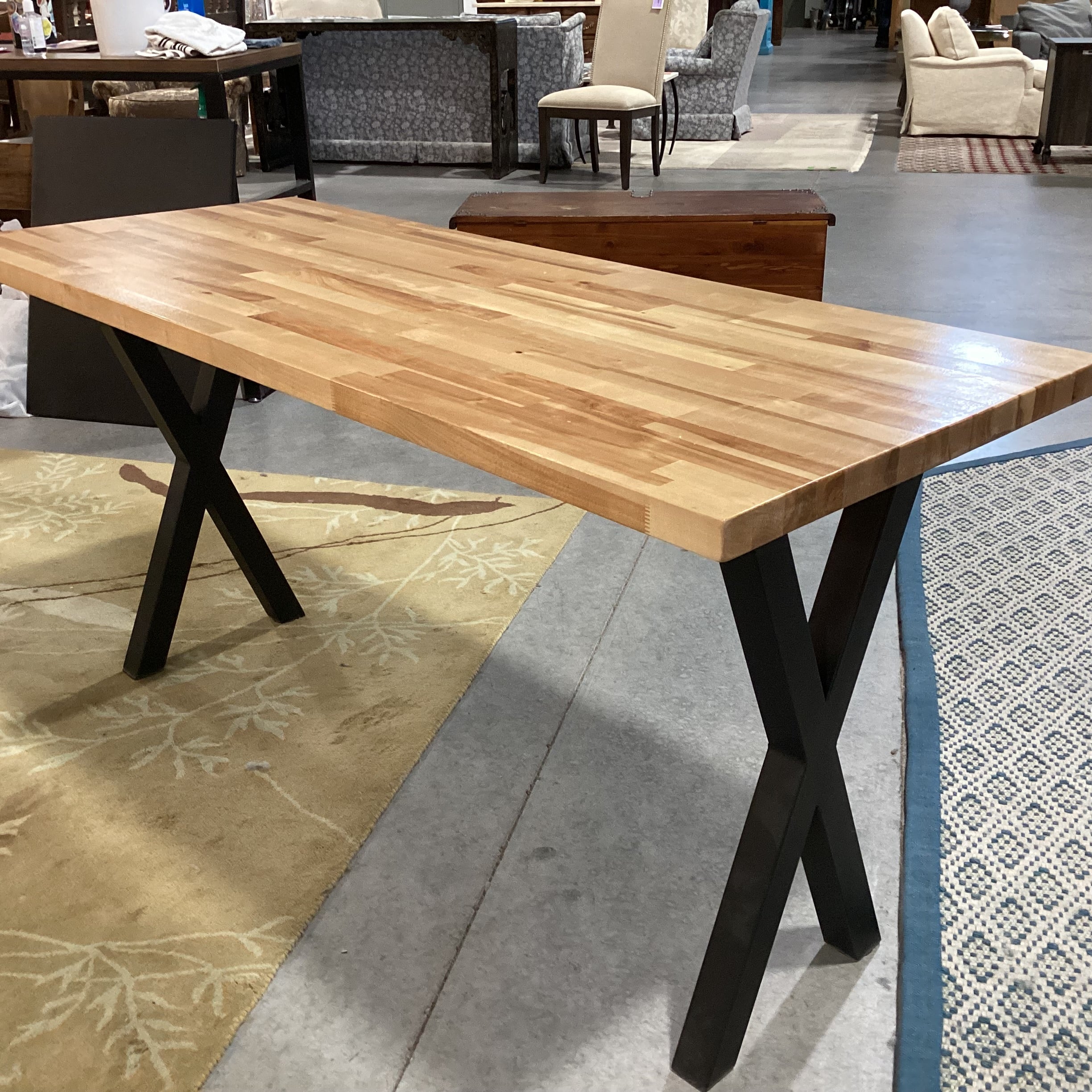 Butcher Block Wood & Black X Legs Dining Table 60"x 25"x 30"