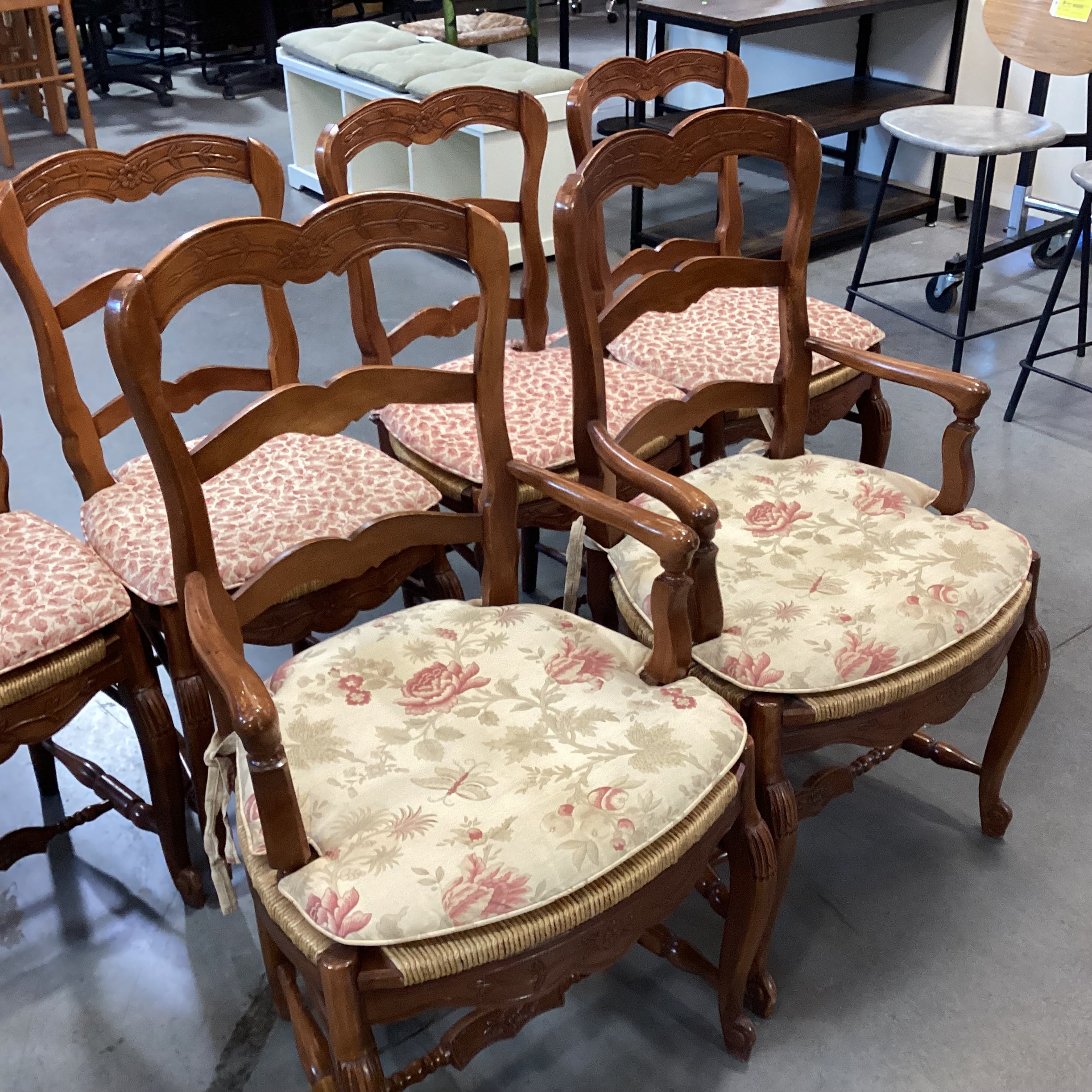 Set of 6 Carved Wood with Rush Seat & Floral Seat Cushion Dining Chairs 21"x 21"x 38"