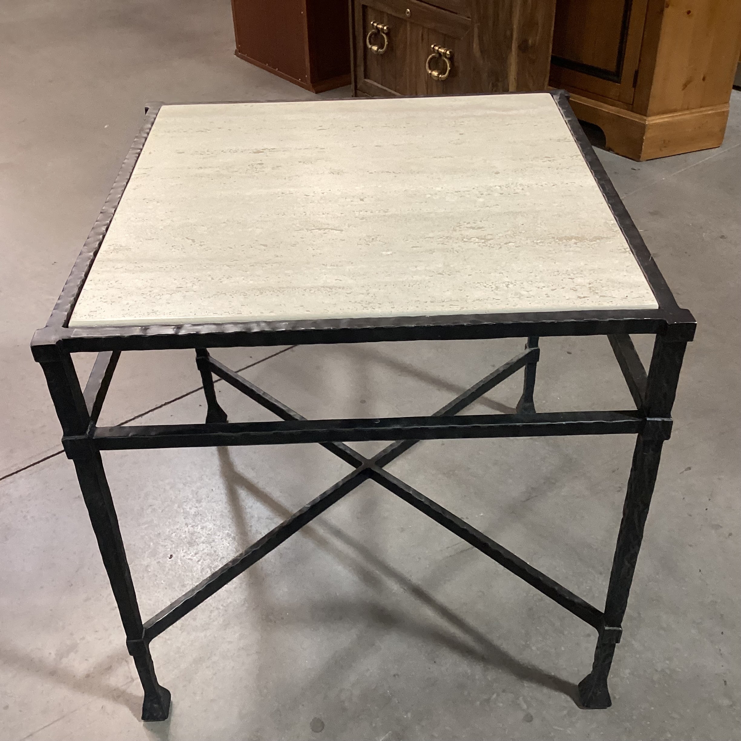 Textured Iron & Travertine Top Accent Table 25.5"x 25.5"x 25.25"