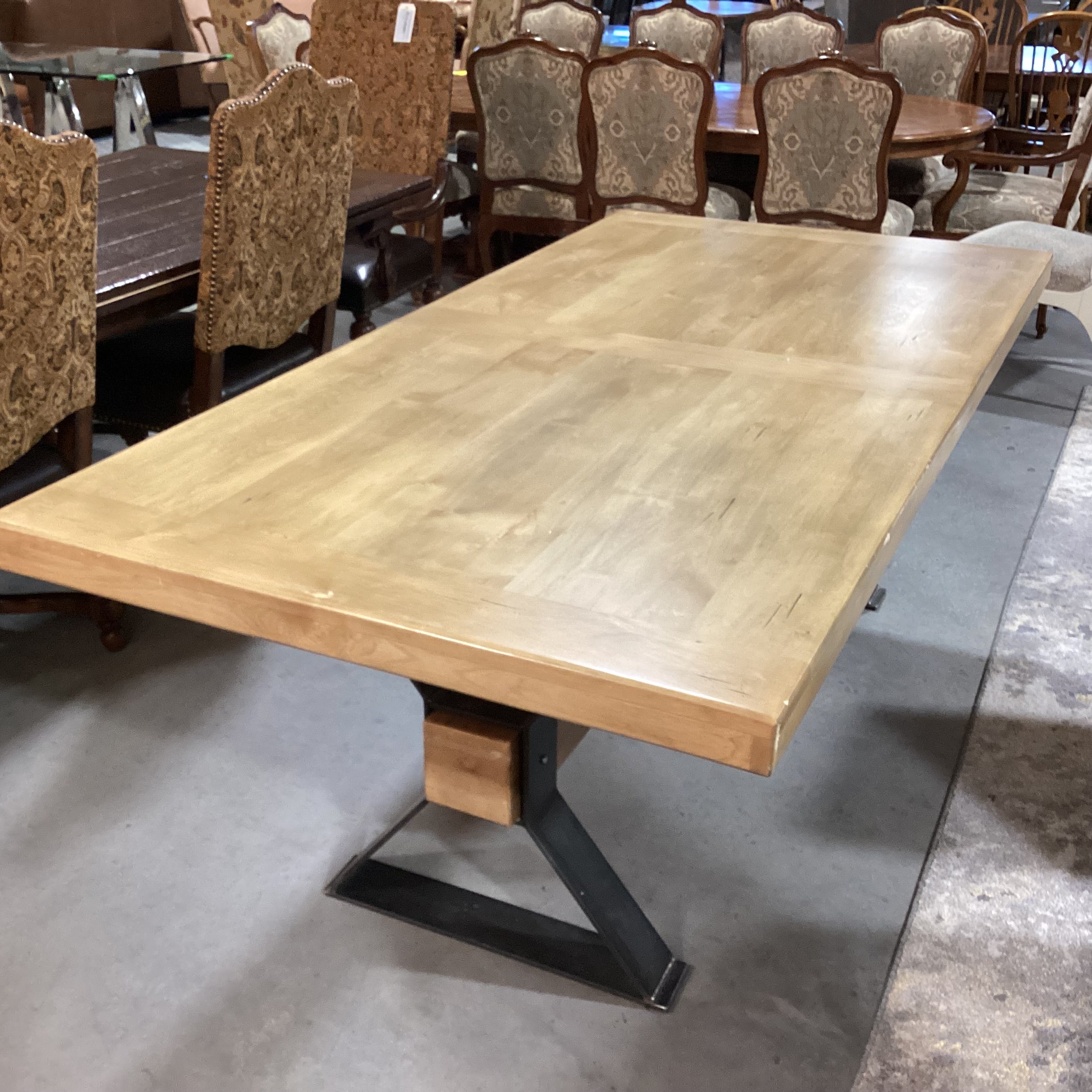 Mountain Modern Light Distressed Finish Wood & Steel with Beam Trestle Dining Table 84"x 42"x 31"