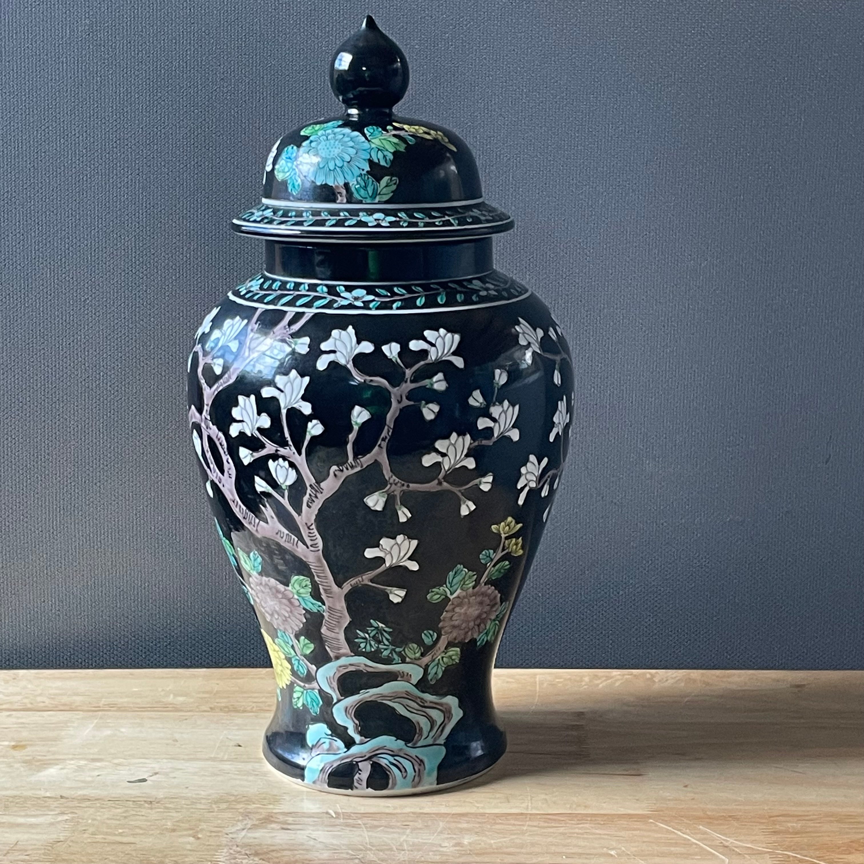 Vintage Japanese Hand Painted Famille Noir with Turquoise & White Accents Temple Jar, 8"x 15"