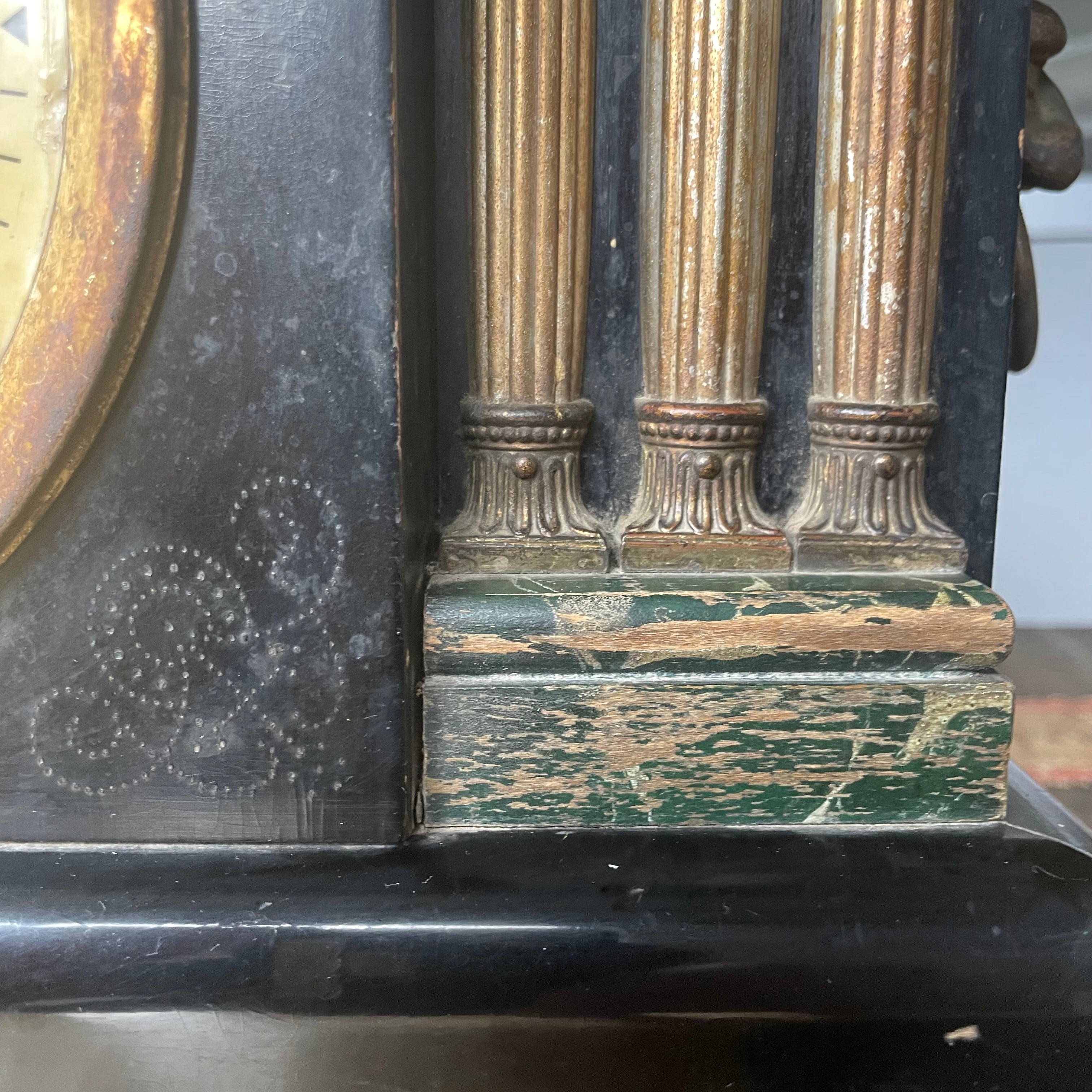 Antique Late 1800's Ingraham Black Enamel Floral Details Wood/Brass Lions Head Handles & Feet Chiming Mantle Clock, 15.25"x 6"x 10.5"