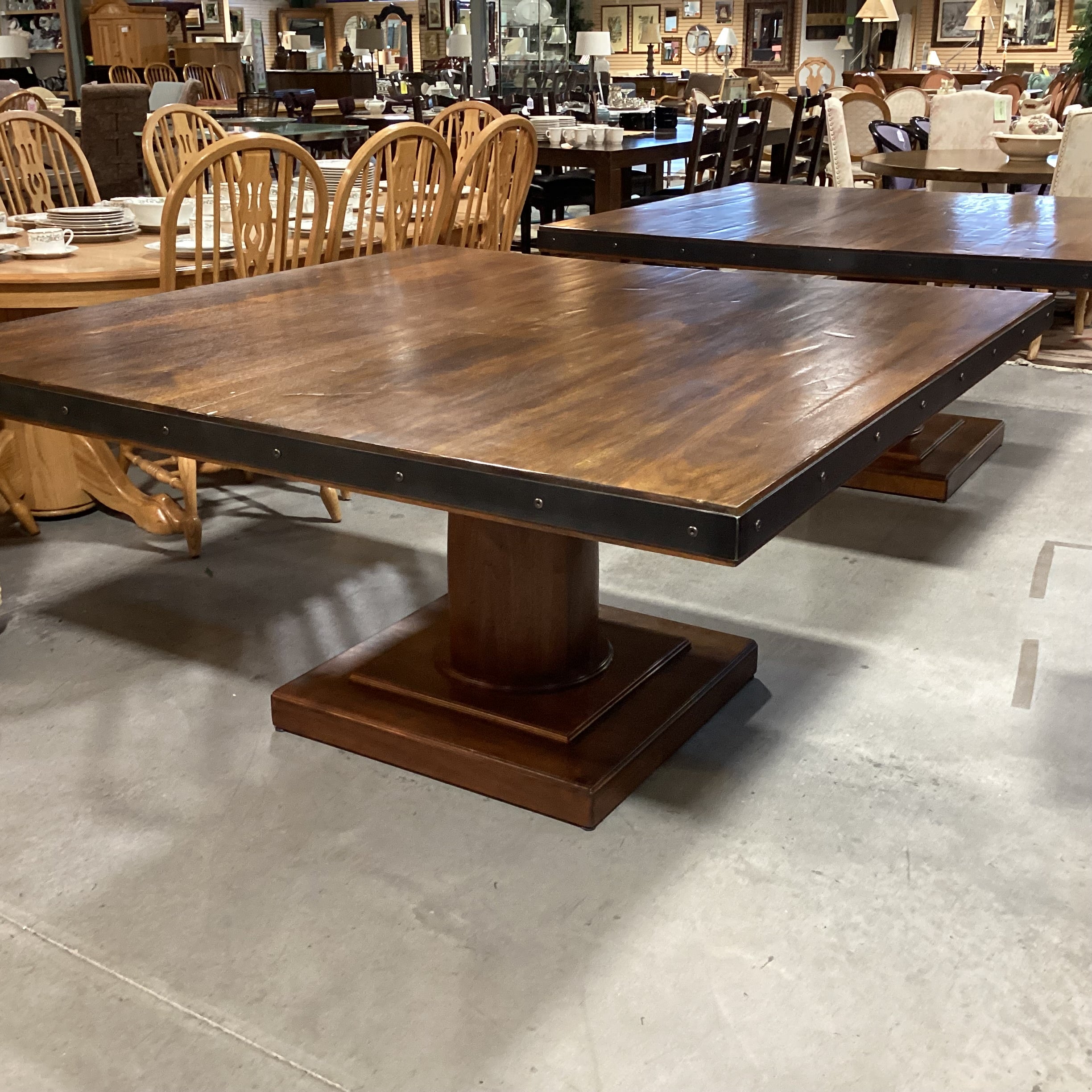 Custom Square Walnut with Pedestal & Iron Nailhead Edge Detail Dining Table 60"x 60"x 30.5"