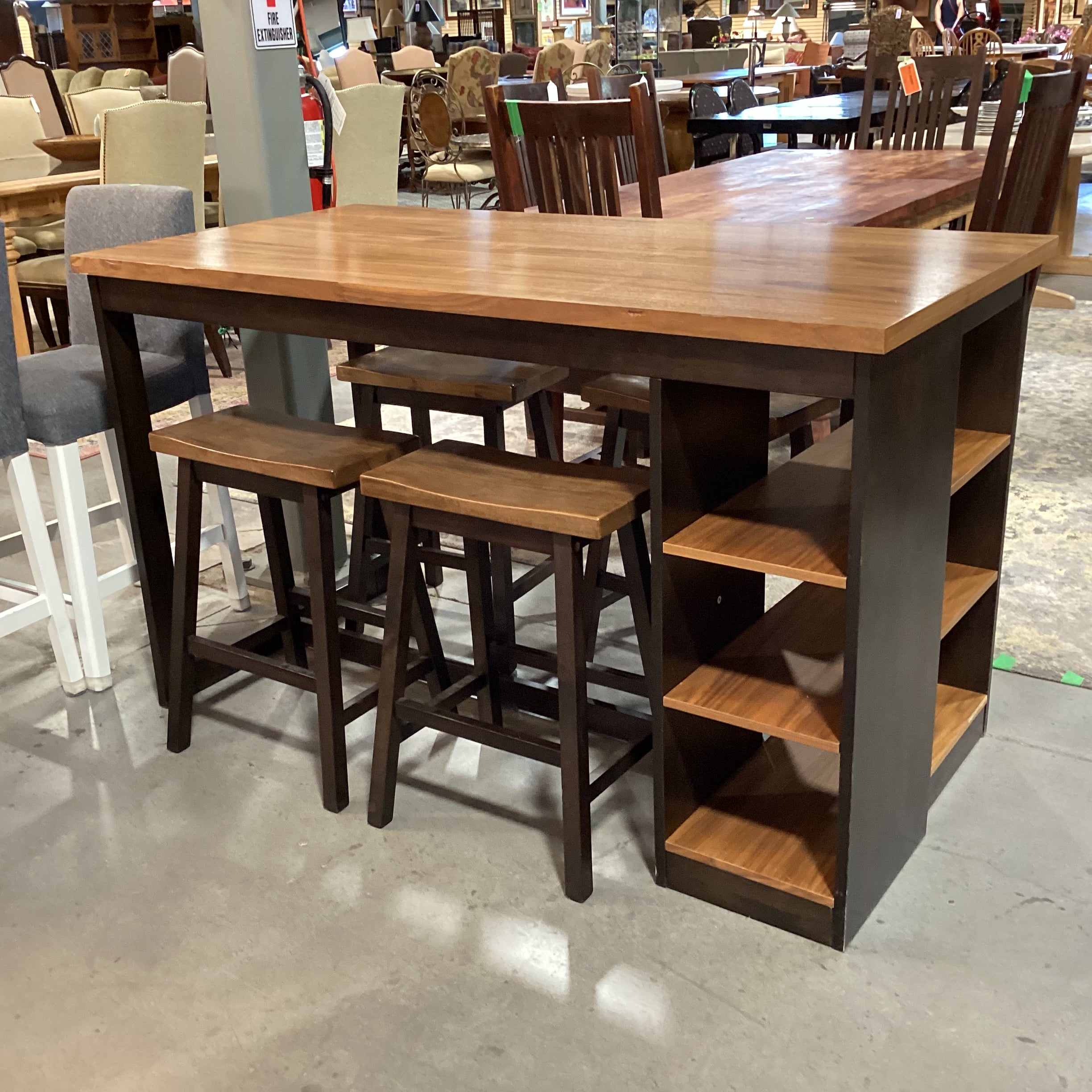 Veneer & Wood 2 Tone with Shelves IslandTable & 4 Stools Dining Set 59"x 29.5"x 36"