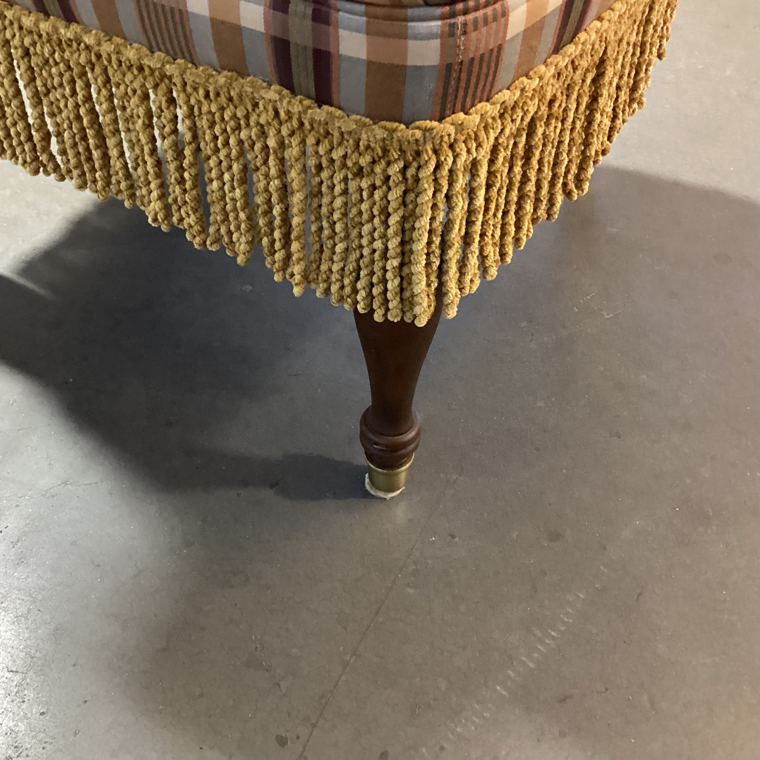 Custom Burgundy Gold Plaid & Fringe Roll Back Chair 20"x 32"x 46"