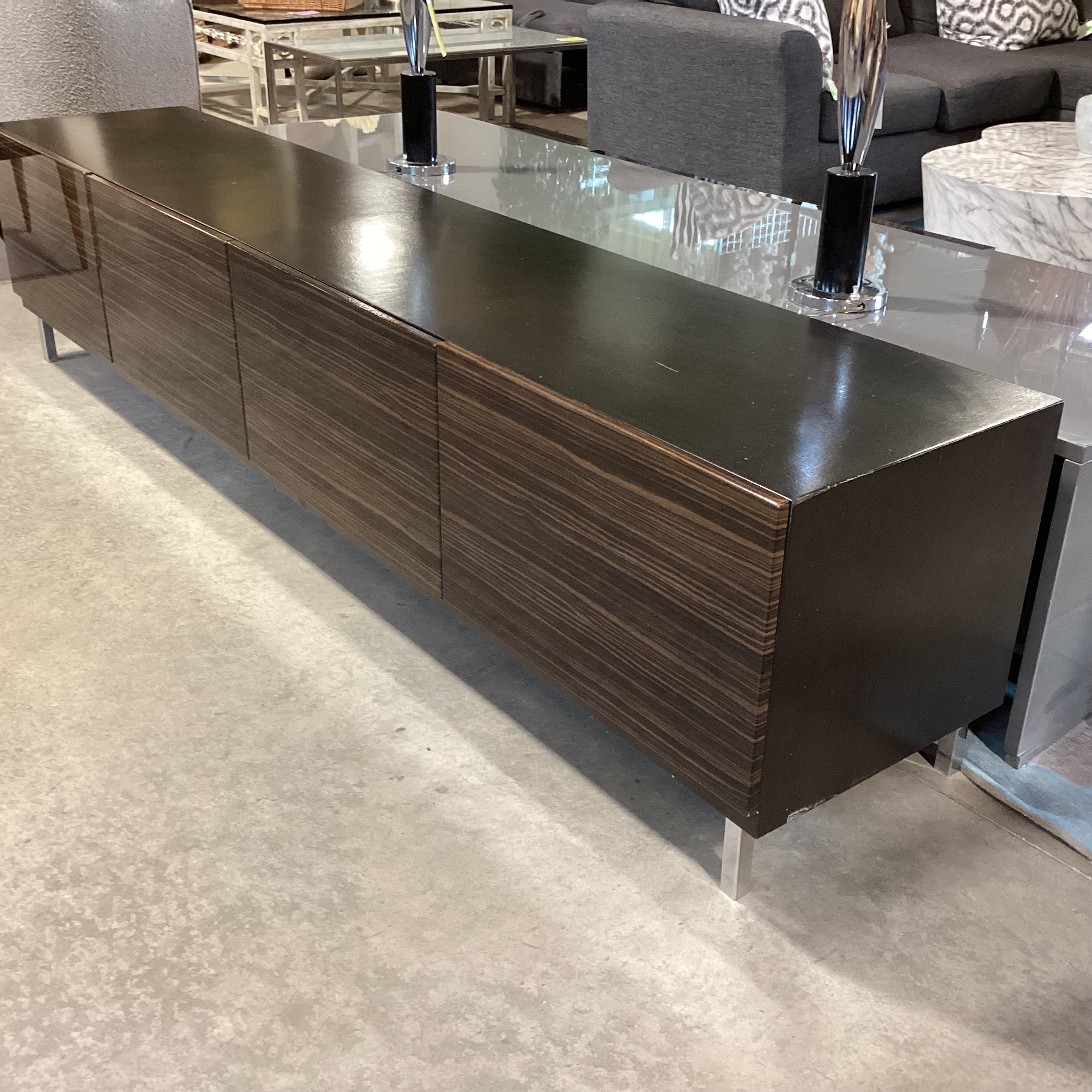 Modern Lacquered Macassar Ebony Veneer 4 Door Console Credenza 94"x 18.5"x 21.5"