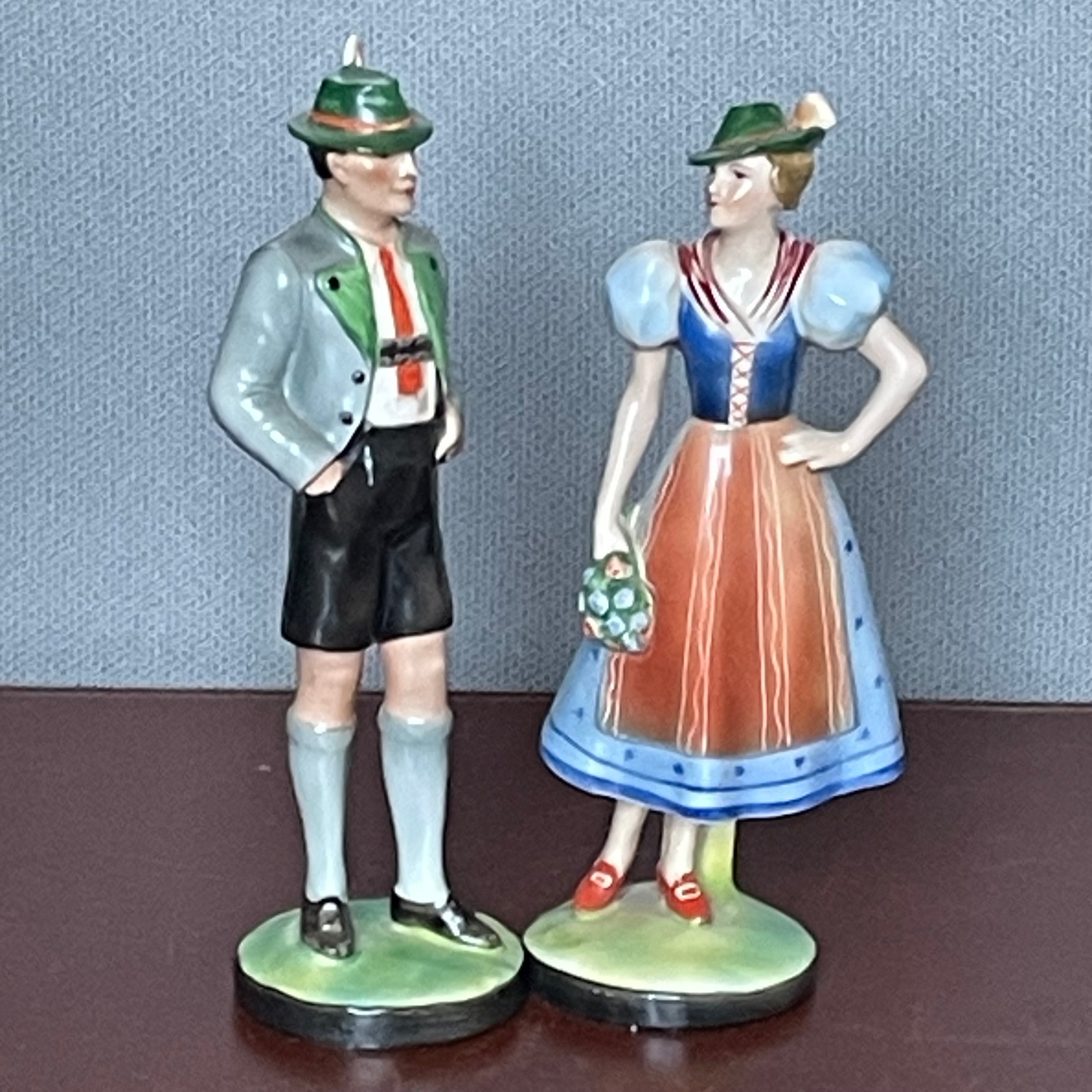 Antique Hertwig Katzhutte Porcelain Hand Painted German Man & Woman in Traditional Clothing Figurines, Pair 8.5", 8.75"