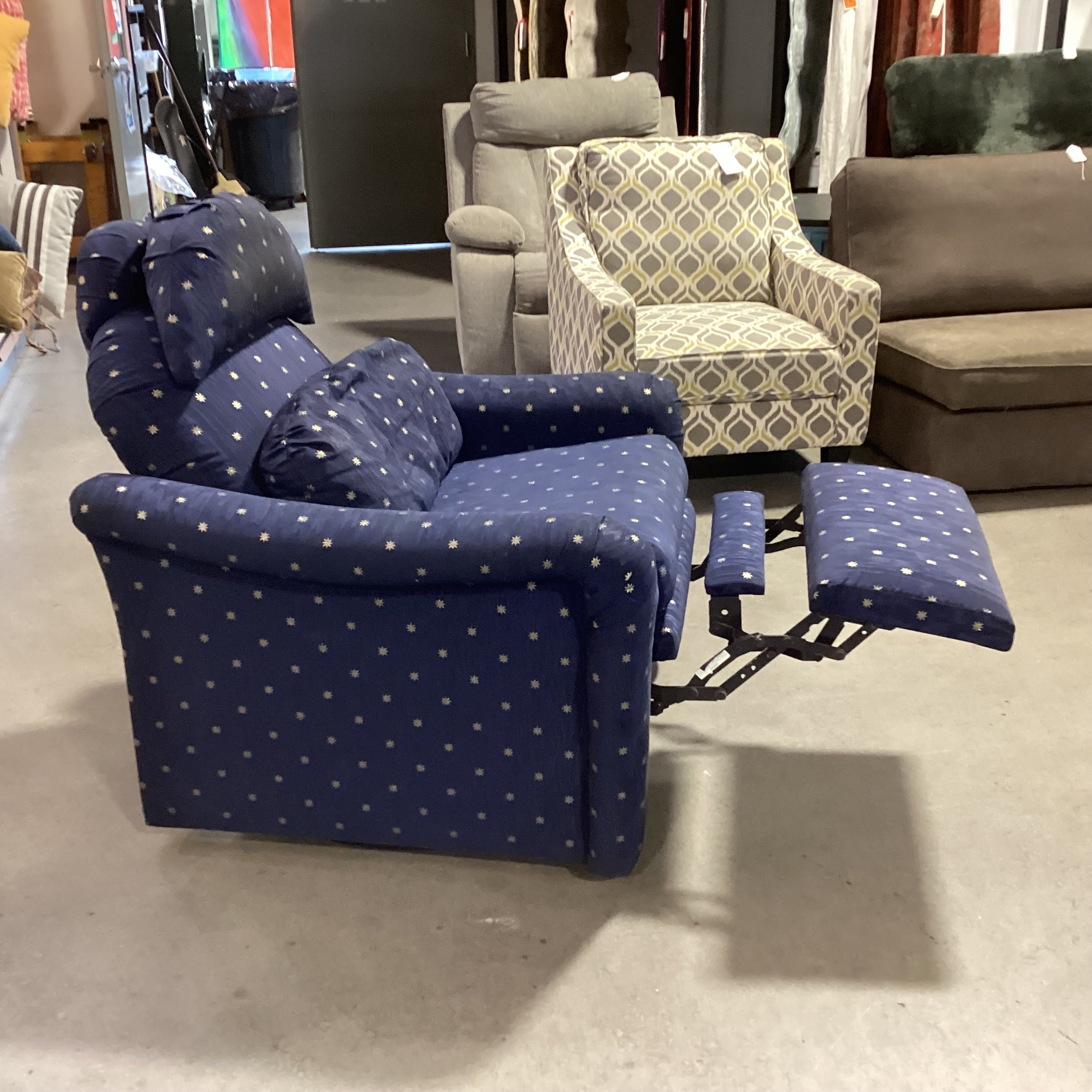 Blue with Silver Star Upholstery Swivel Recliner Chair 36"x 36" to 60"x 40"