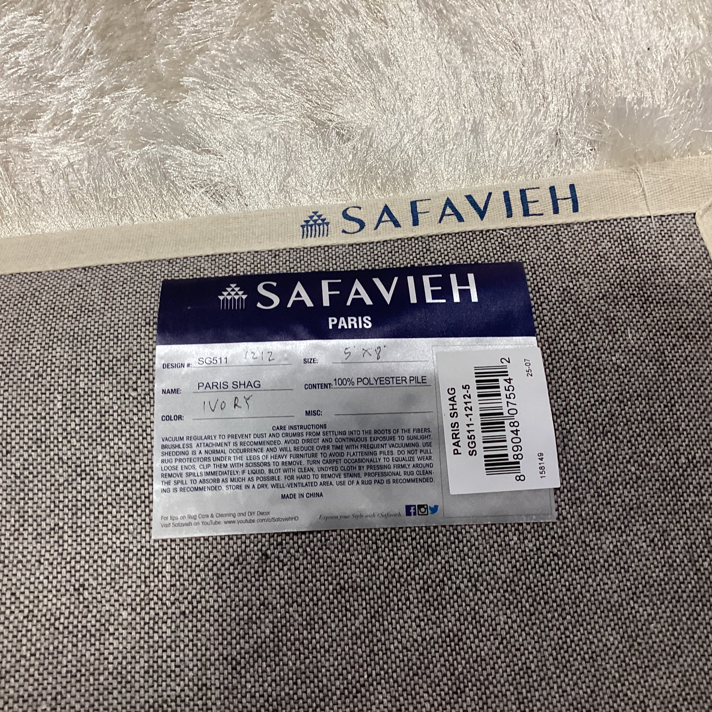 Safavieh Ivory Silky Soft Paris Shag Poly Rug 5'x 8'