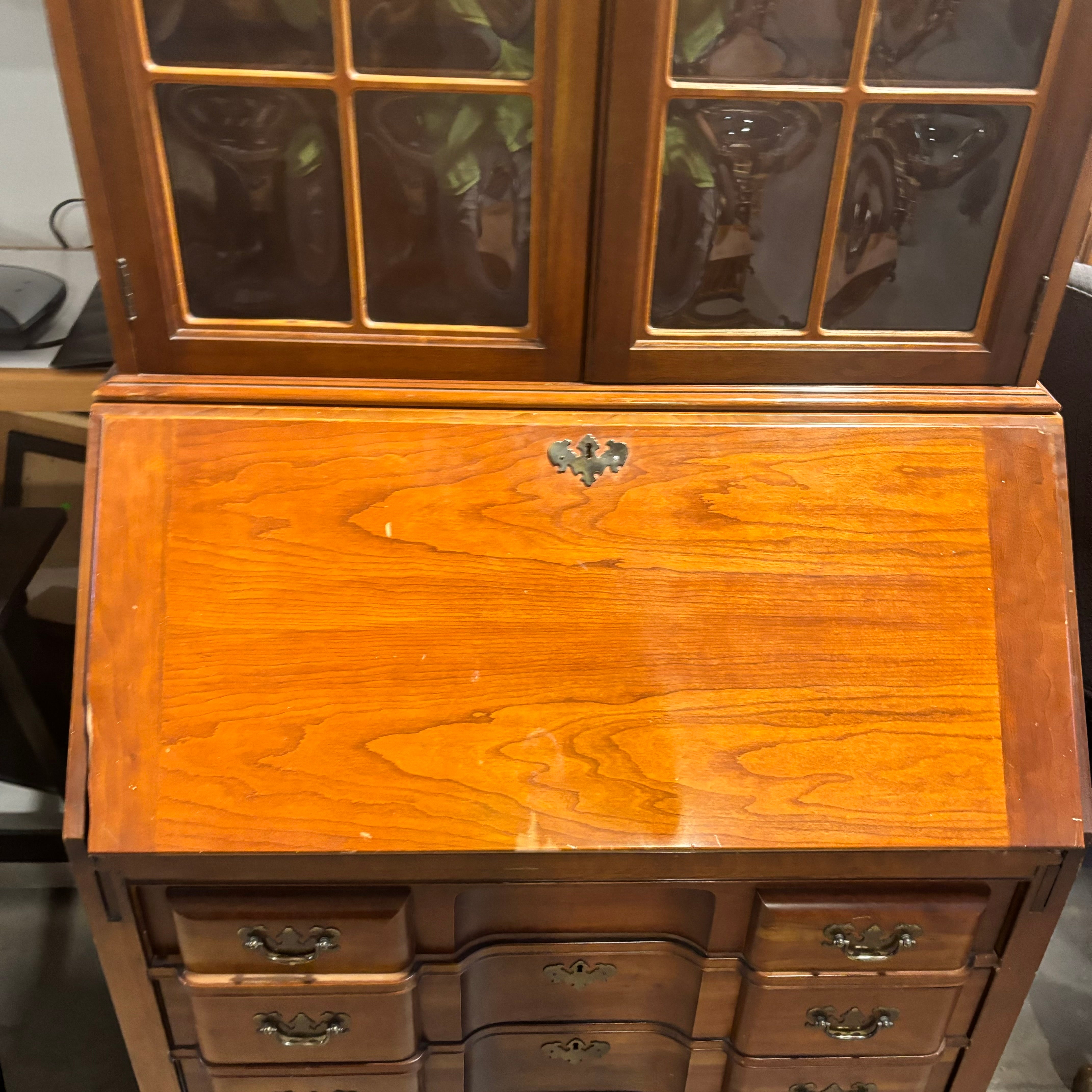 Solid Carved Wood 4 Drawer with 2 Bubble Glass Doors Secretary Desk 36"x 22"x 71"