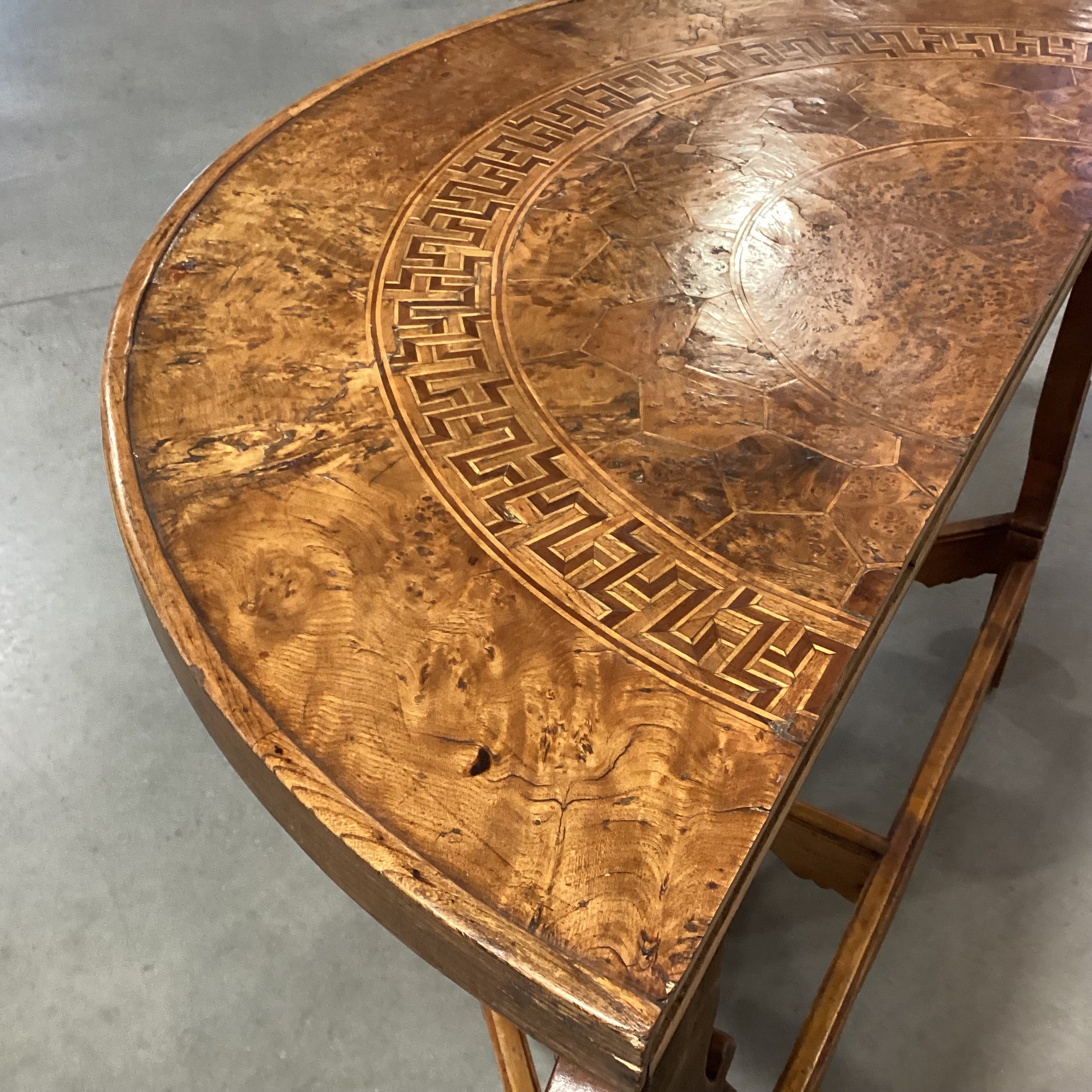 Antique Ornate Carved Wood & Inlay Demi Lune Accent Table 49"x 25"x 35"