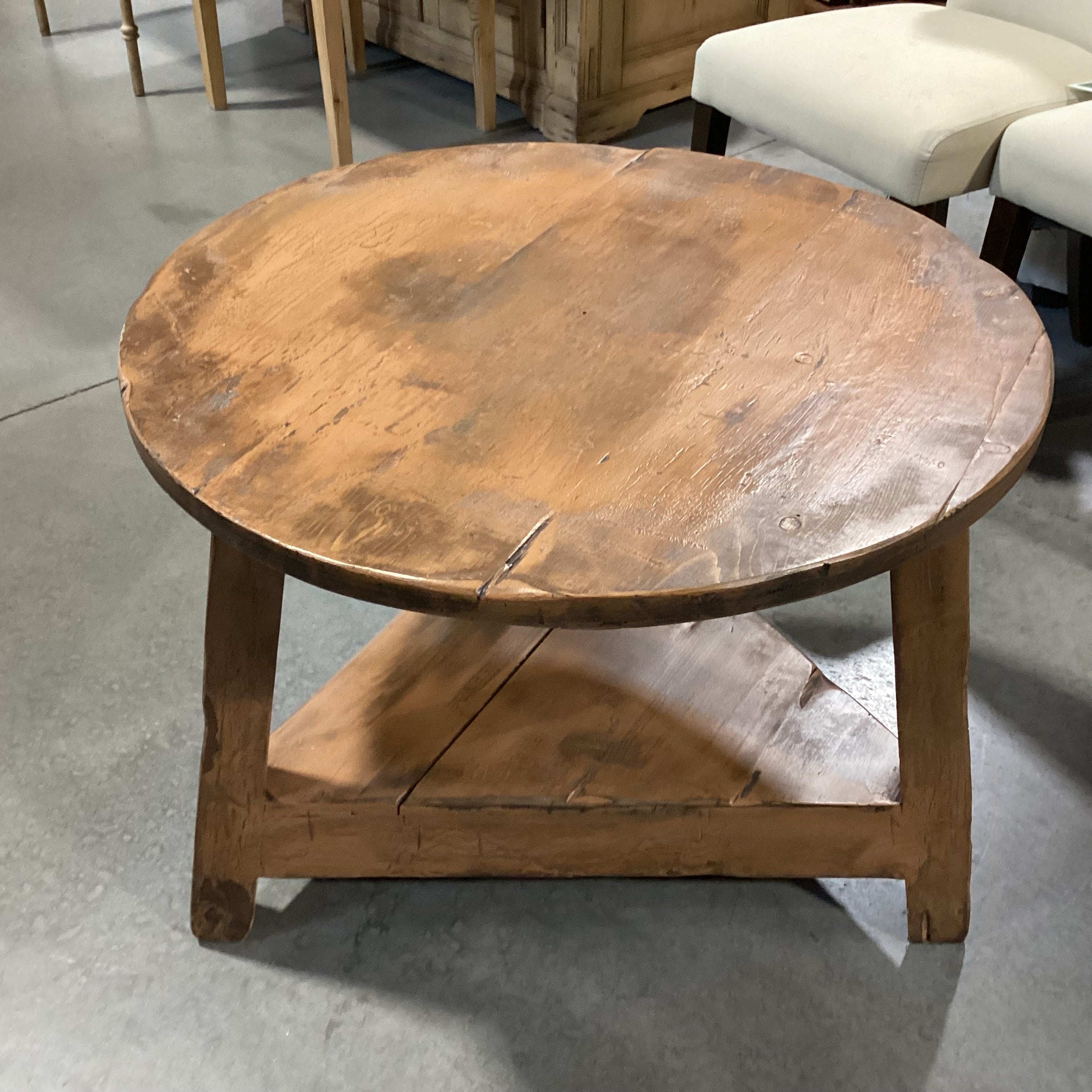 Distressed Antiqued Finish Round Tri-Leg with Shelf End Table 29.5" Diameter x 22.5"