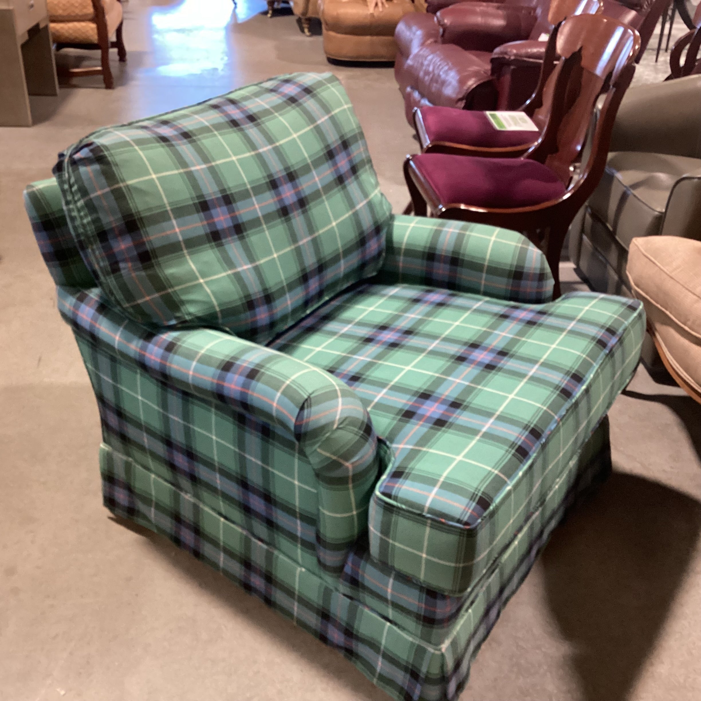 Marabella Designs Blue Green Plaid Down Mix Chair 34"x 38"x 28"