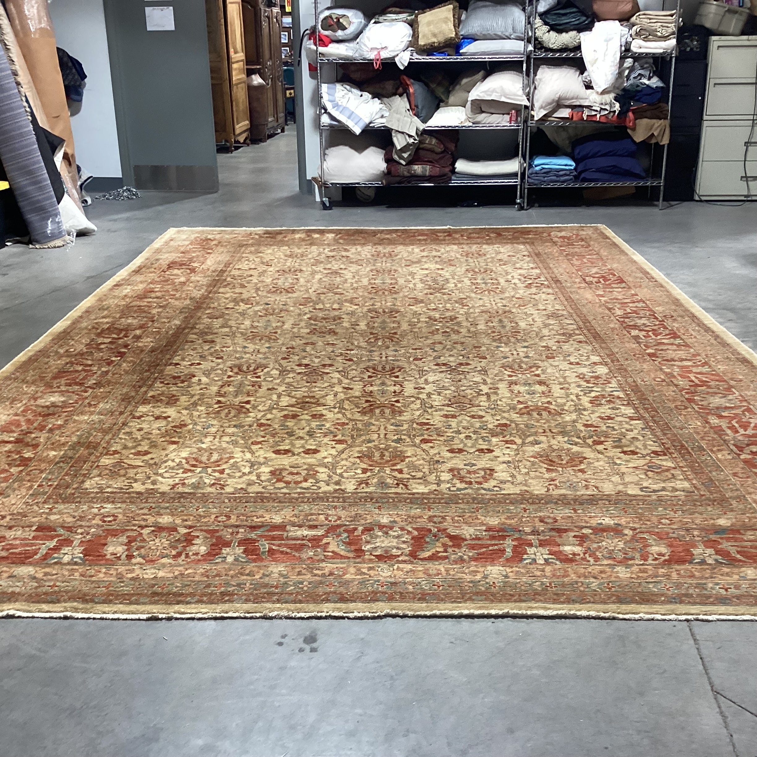 Golden Tan Rust & Blue Hand Woven Wool Rug 12'x 18'