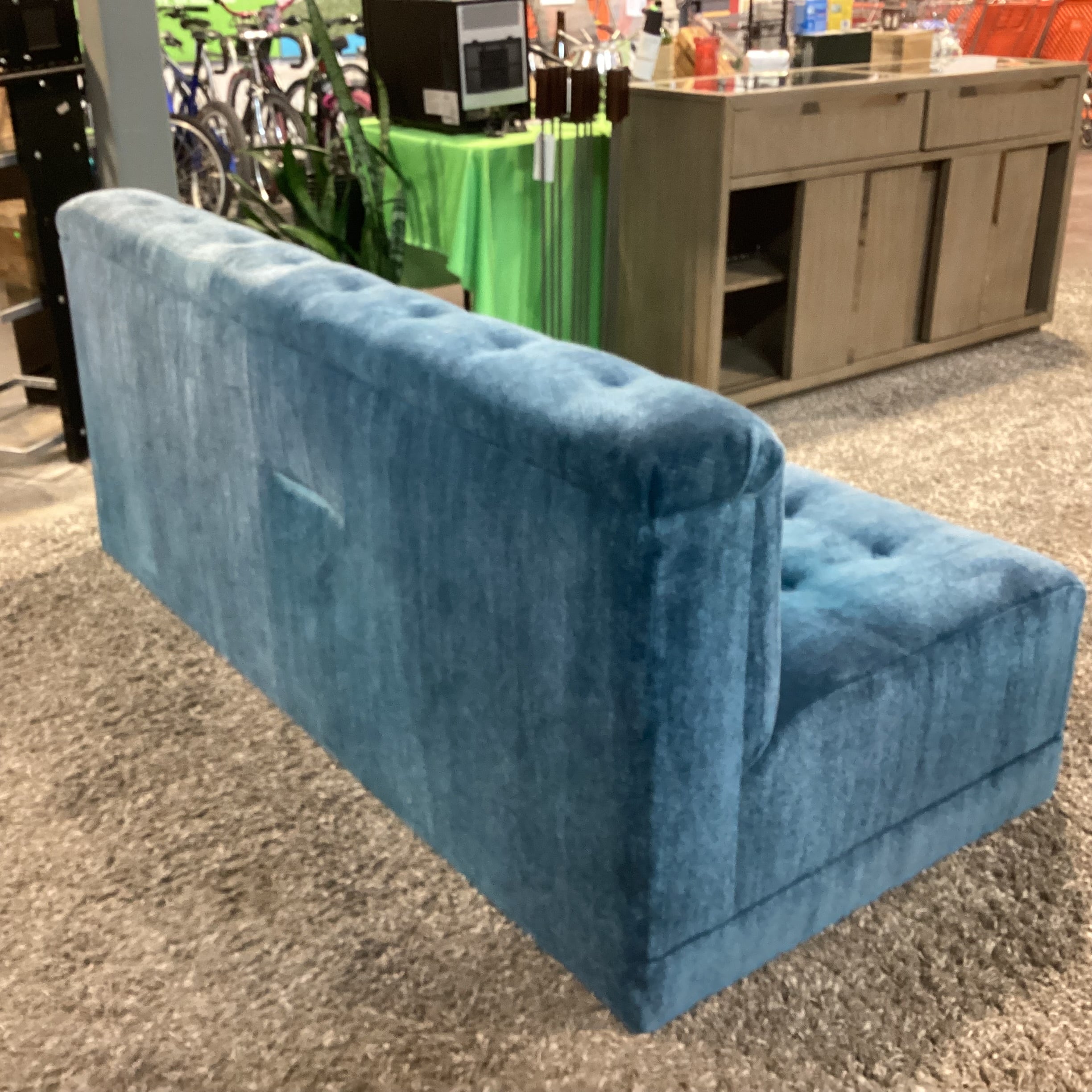 Custom Blue Teal Mohair with Button Tufting Armless Sofa 75"x 35"x 32"
