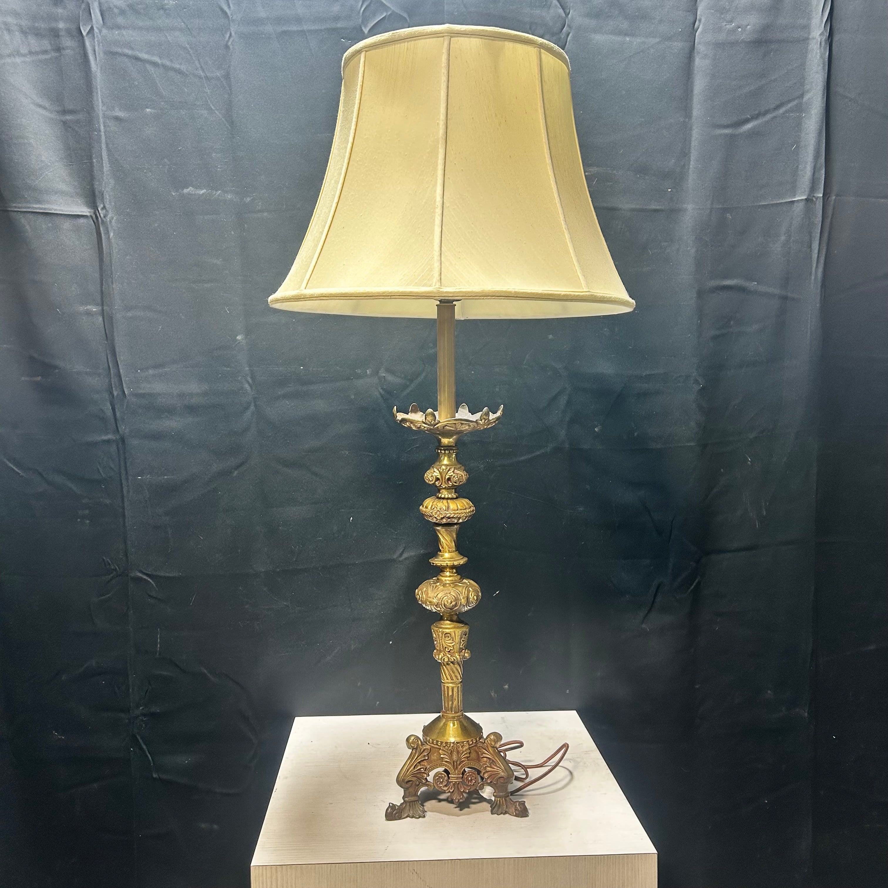 19th Century French Candlestick Brass Table Lamp 19"x 41"