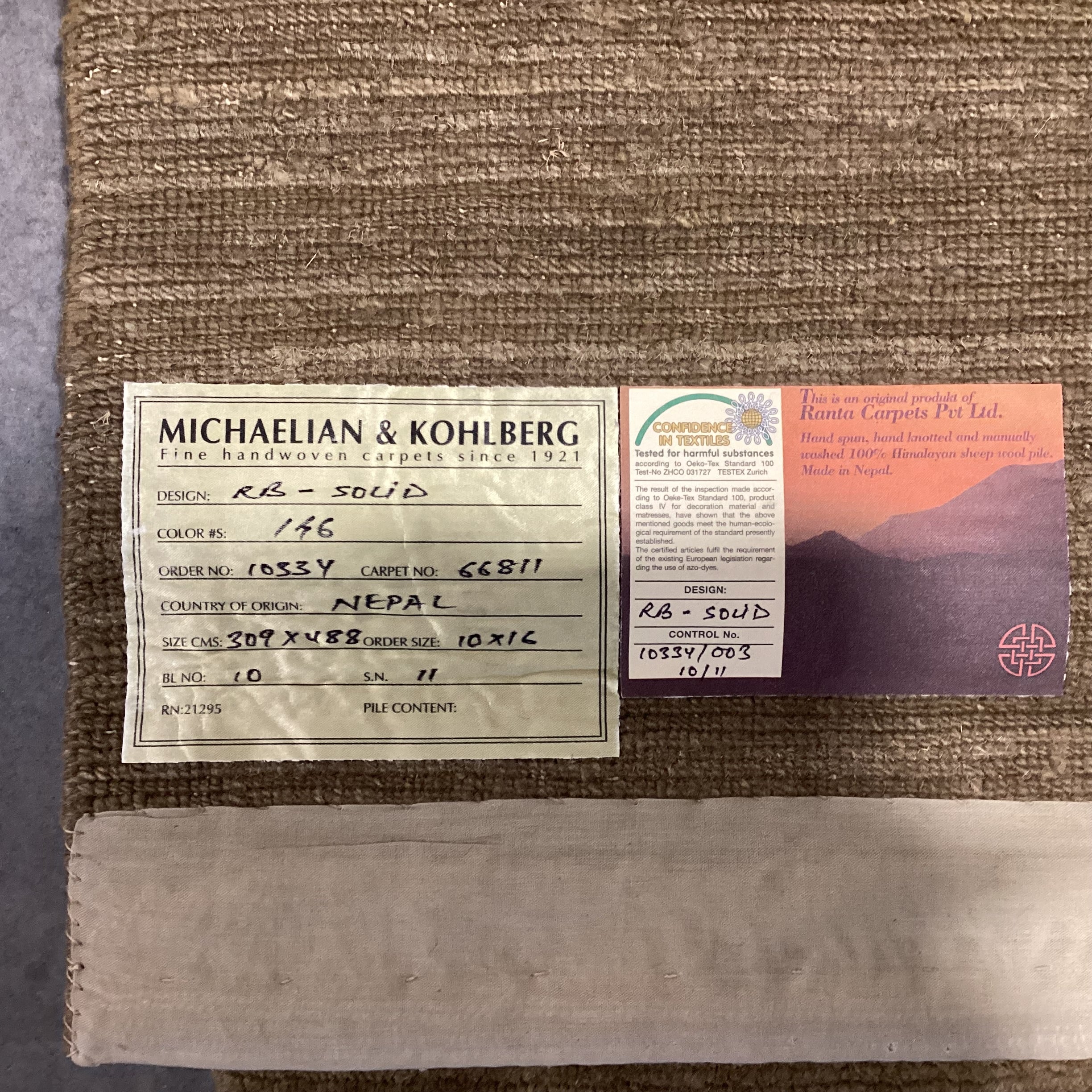 Michaelian & Kohlberg Light Olive Hand Woven Nepal Wool Rug 10'x 16'