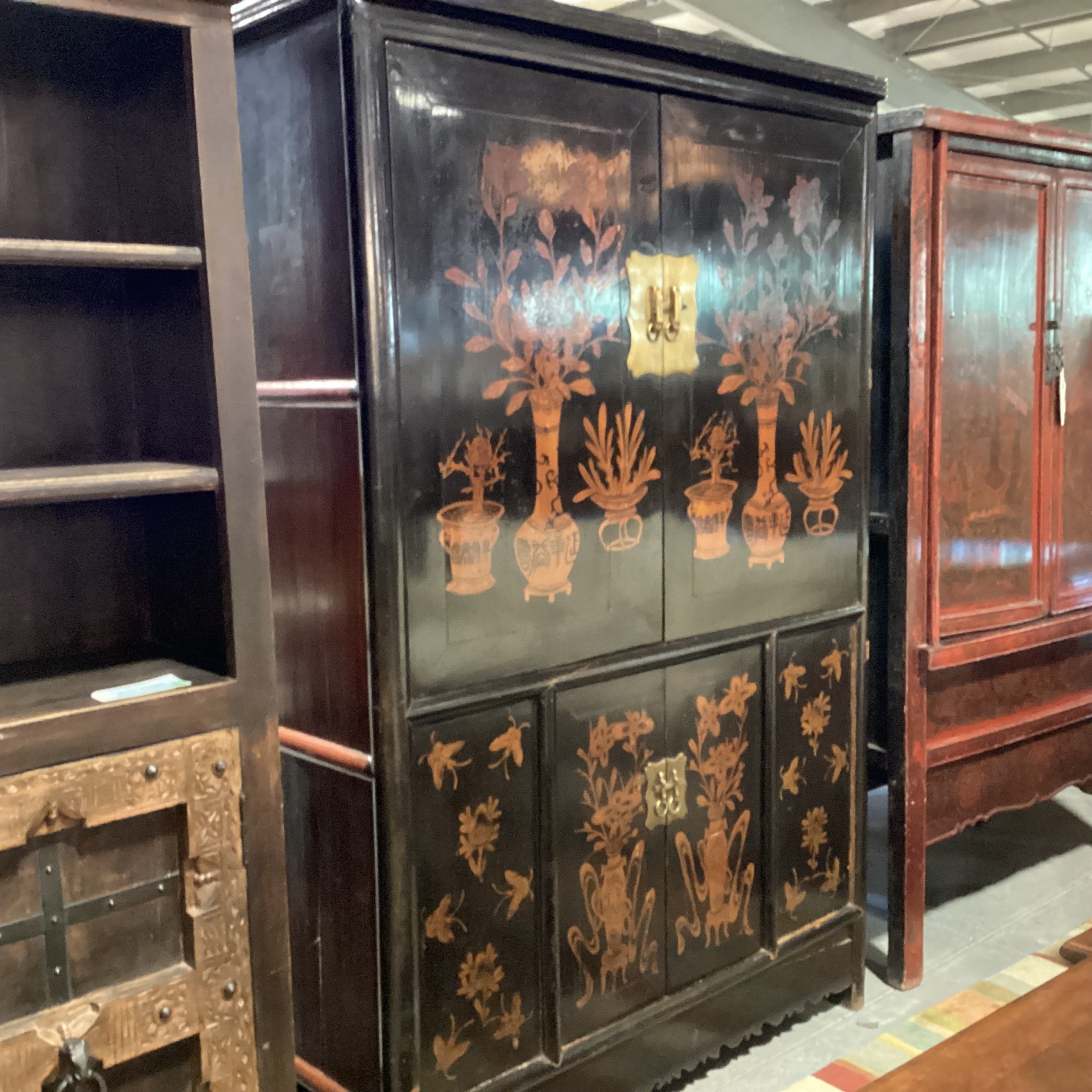 Vintage Antique Asian Black Lacquer & Gold Painted Vase Florals 4 Door with Shelves Armoire 52"x 23"x 79"