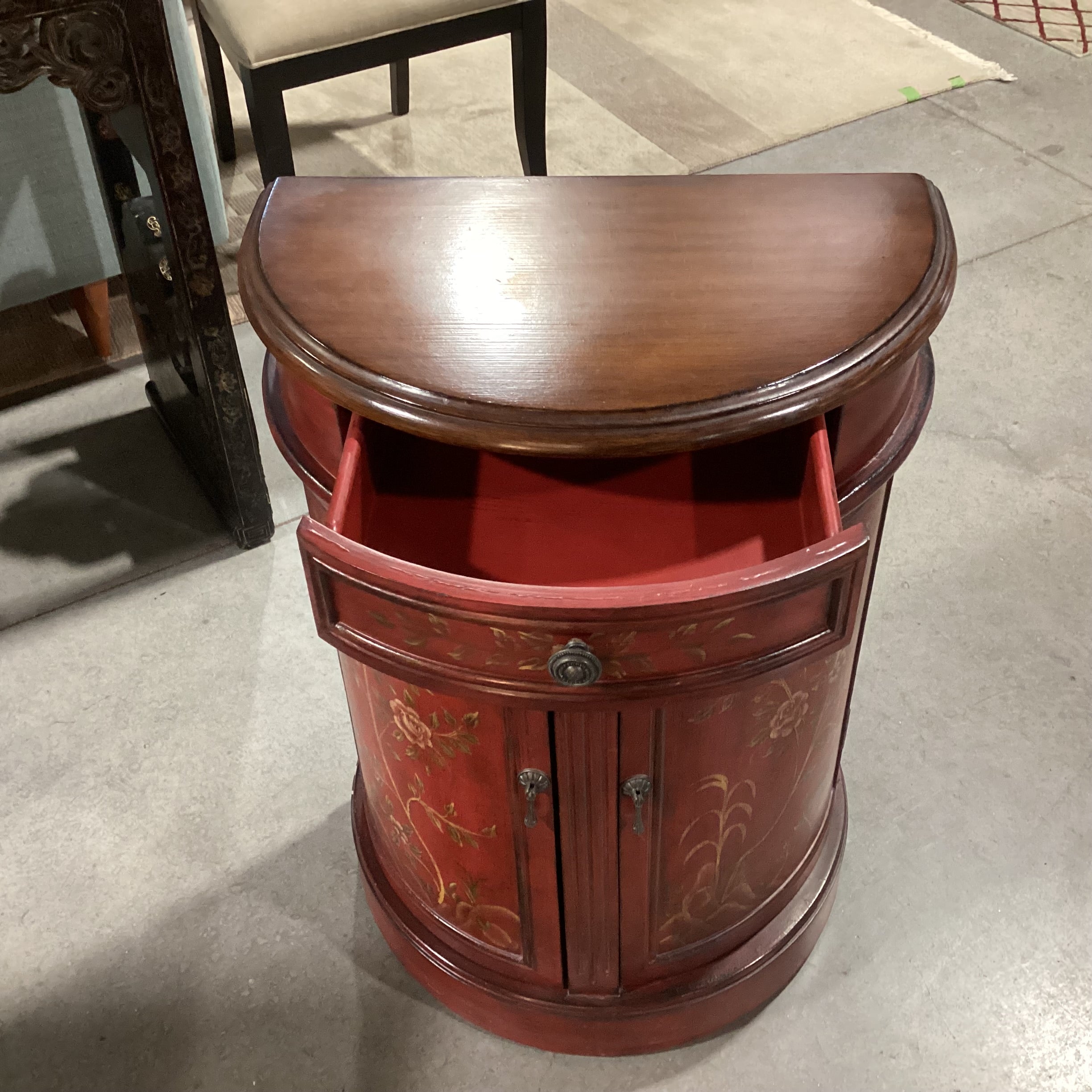 Antiqued Red Painted Floral 1 Drawer 2 Door Demilune Cabinet End Table 22"x 13"x 32.5"