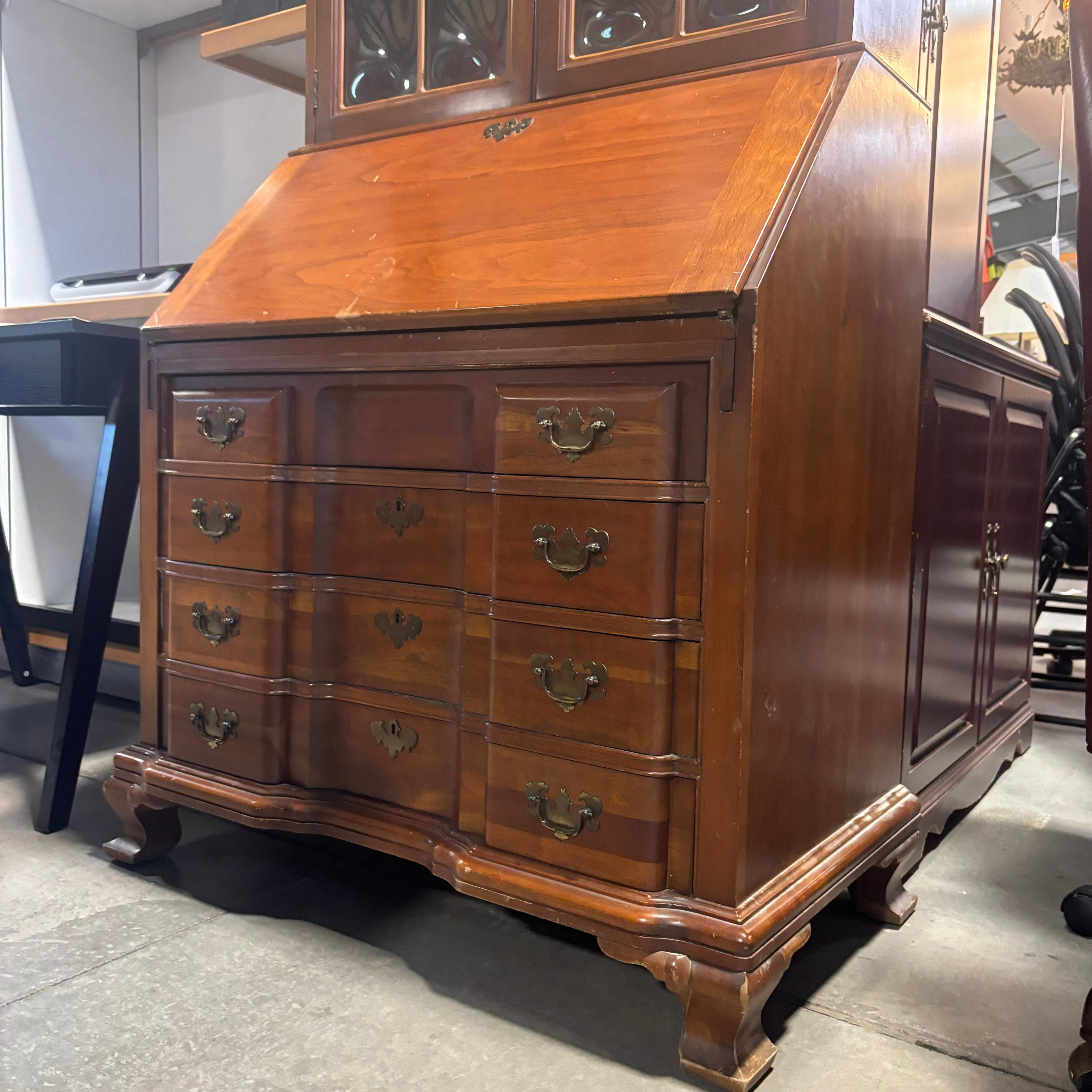 Solid Carved Wood 4 Drawer with 2 Bubble Glass Doors Secretary Desk 36"x 22"x 71"