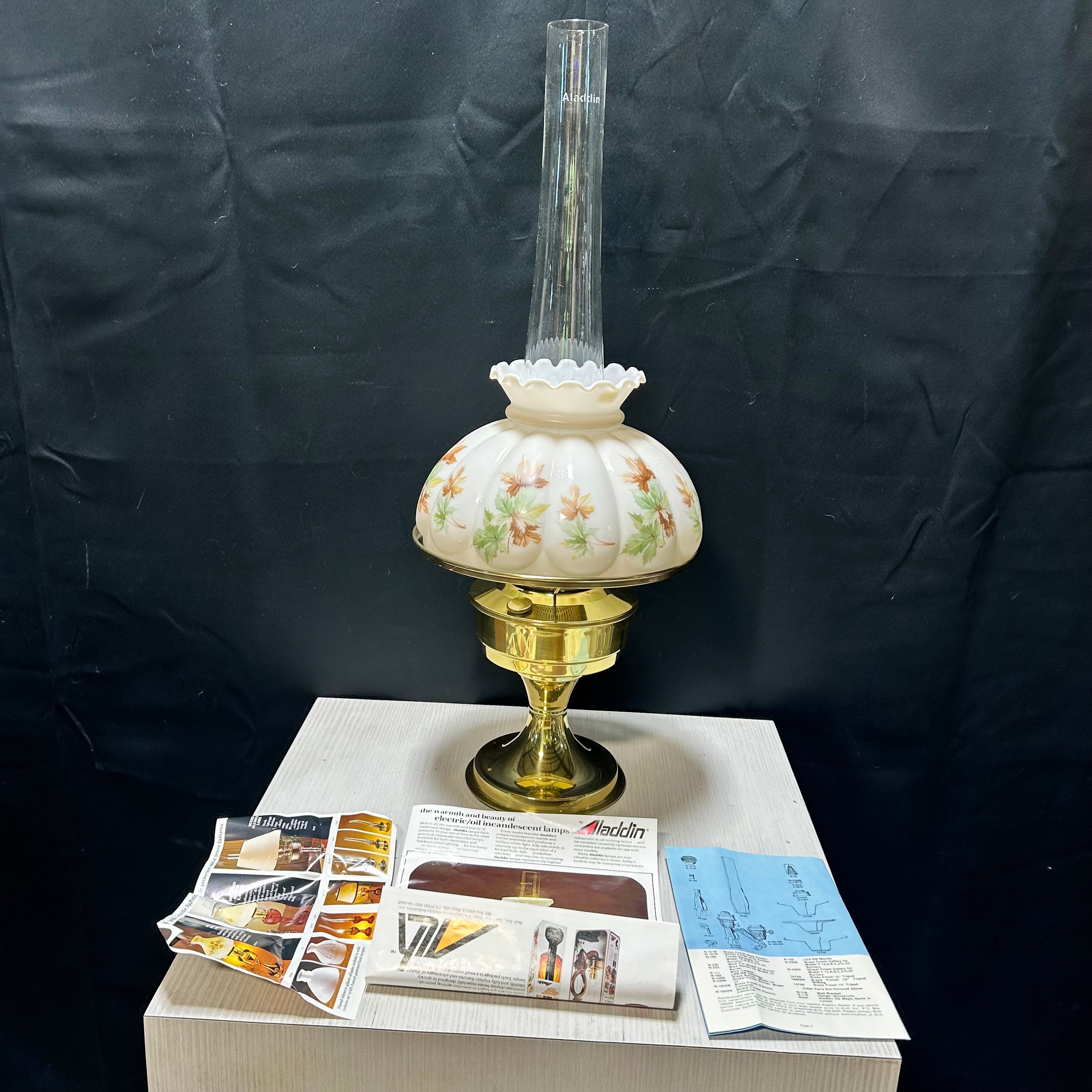 Vintage Aladdin New Out Of Box Kerosene Lamp  & Floral Milk Glass 10"x 27"